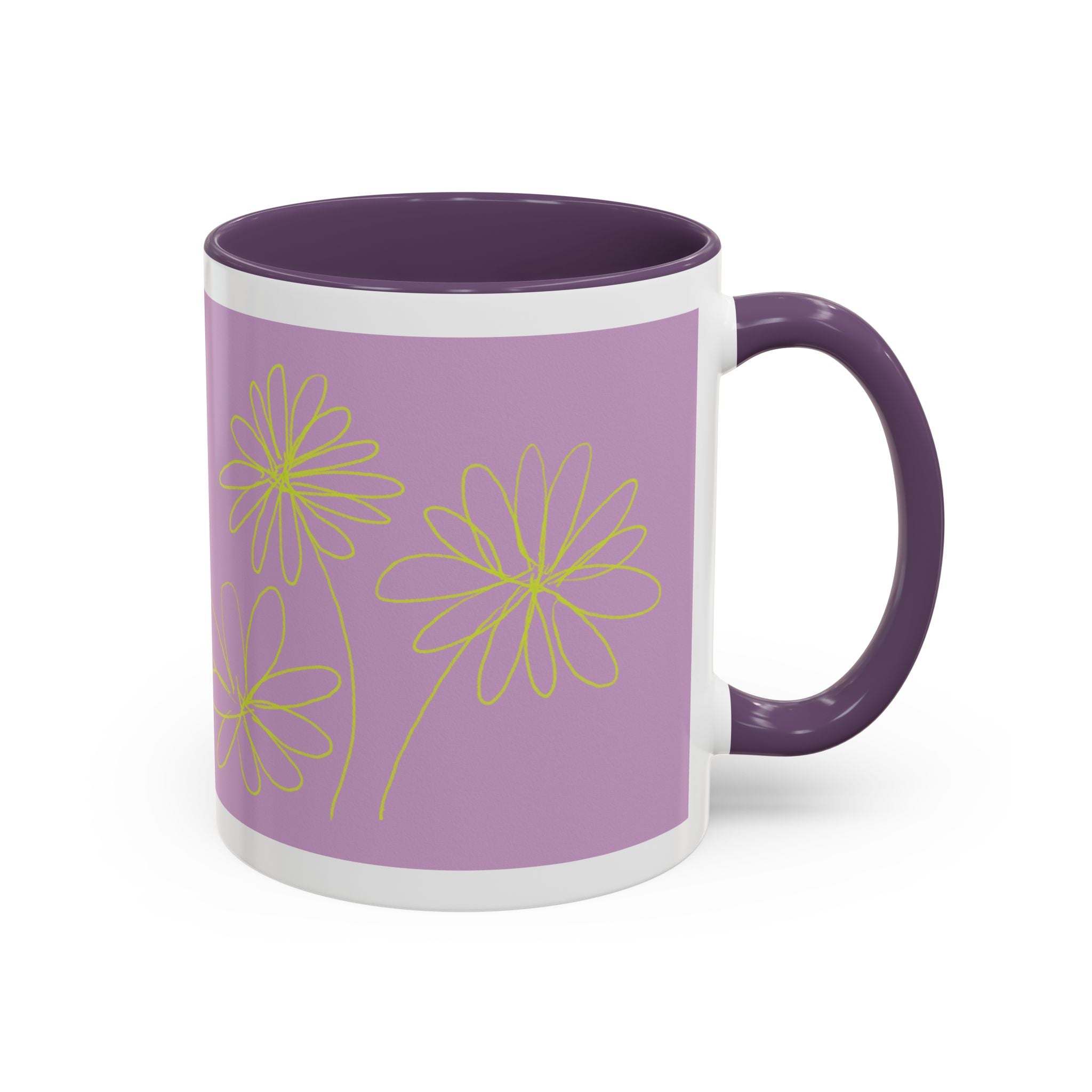 Purple Floral Accent Mug — Dainty Yellow Daisy Coffee Cup (11/15oz)