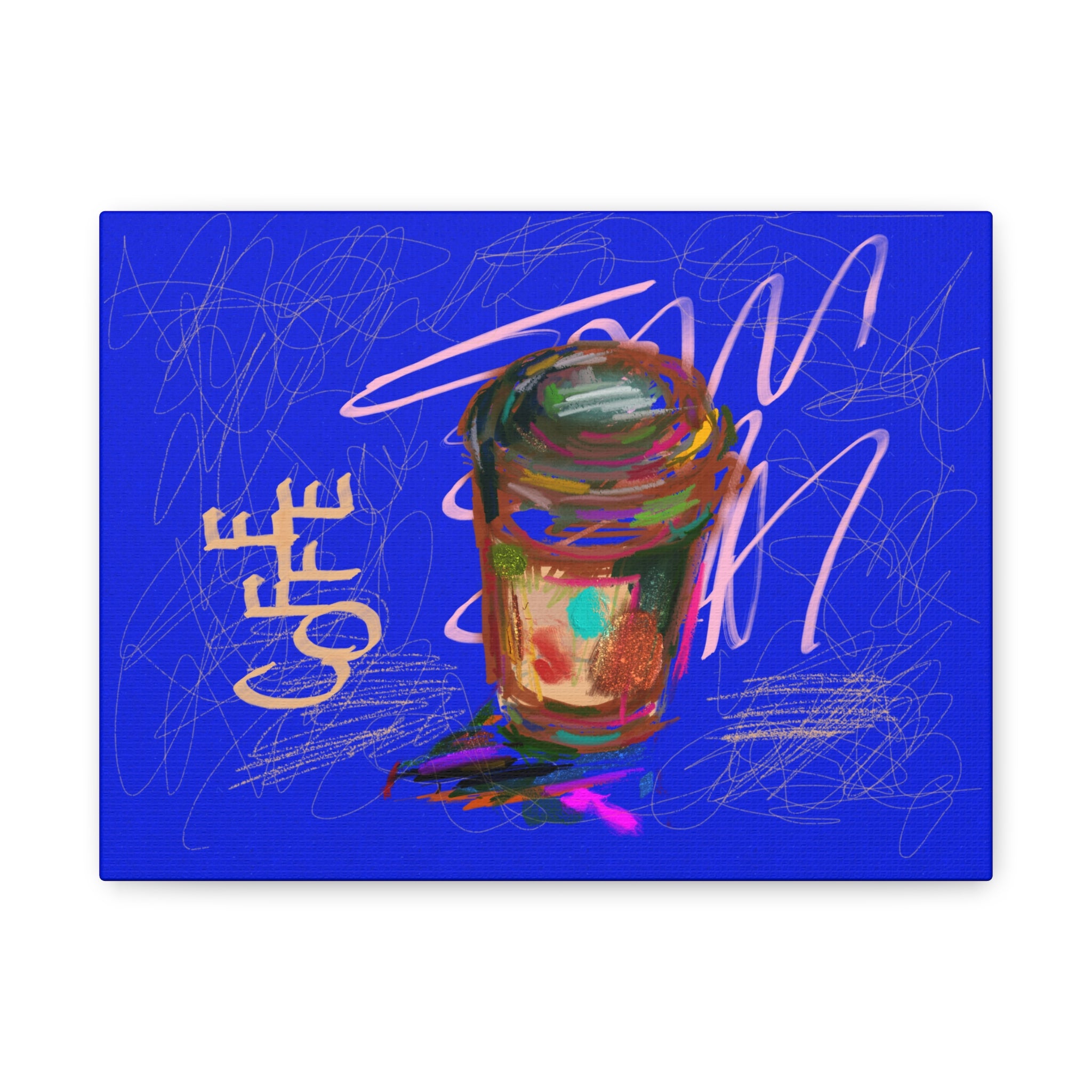Coffee Cup Canvas Wall Art Print - Vibrant Blue Matte Stretched Canvas