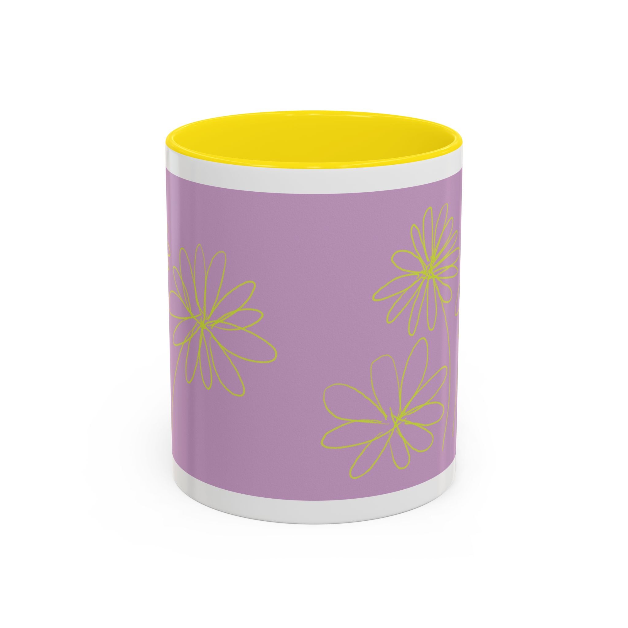 Purple Floral Accent Mug — Dainty Yellow Daisy Coffee Cup (11/15oz)
