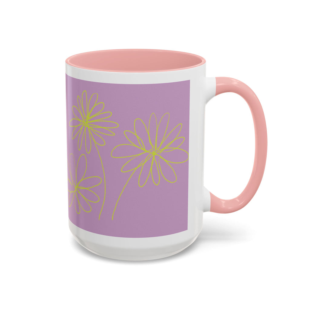 Purple Floral Accent Mug — Dainty Yellow Daisy Coffee Cup (11/15oz)
