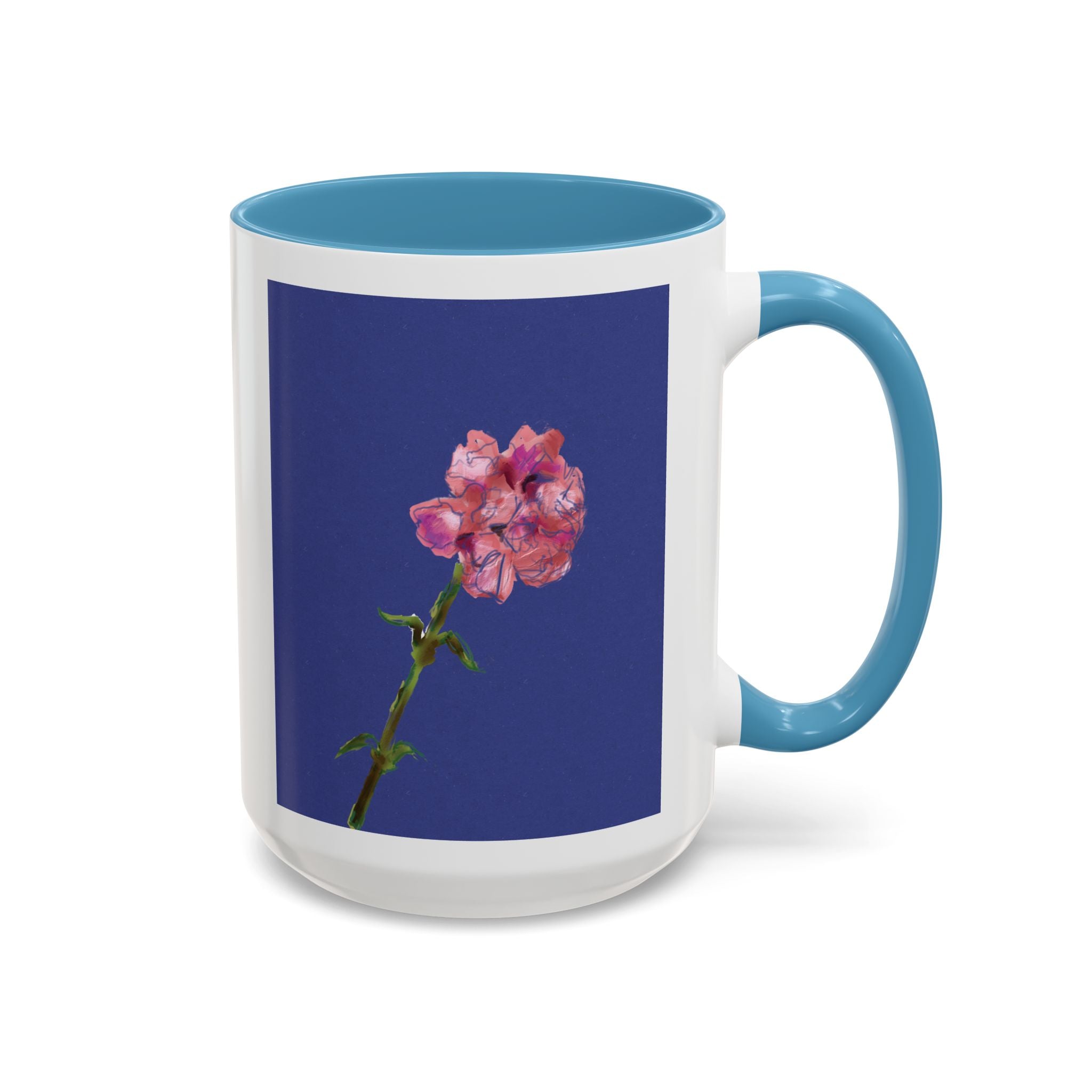 Carnation Floral Single Stem Accent Coffee Mug — Pink Carnation Blossom on Navy