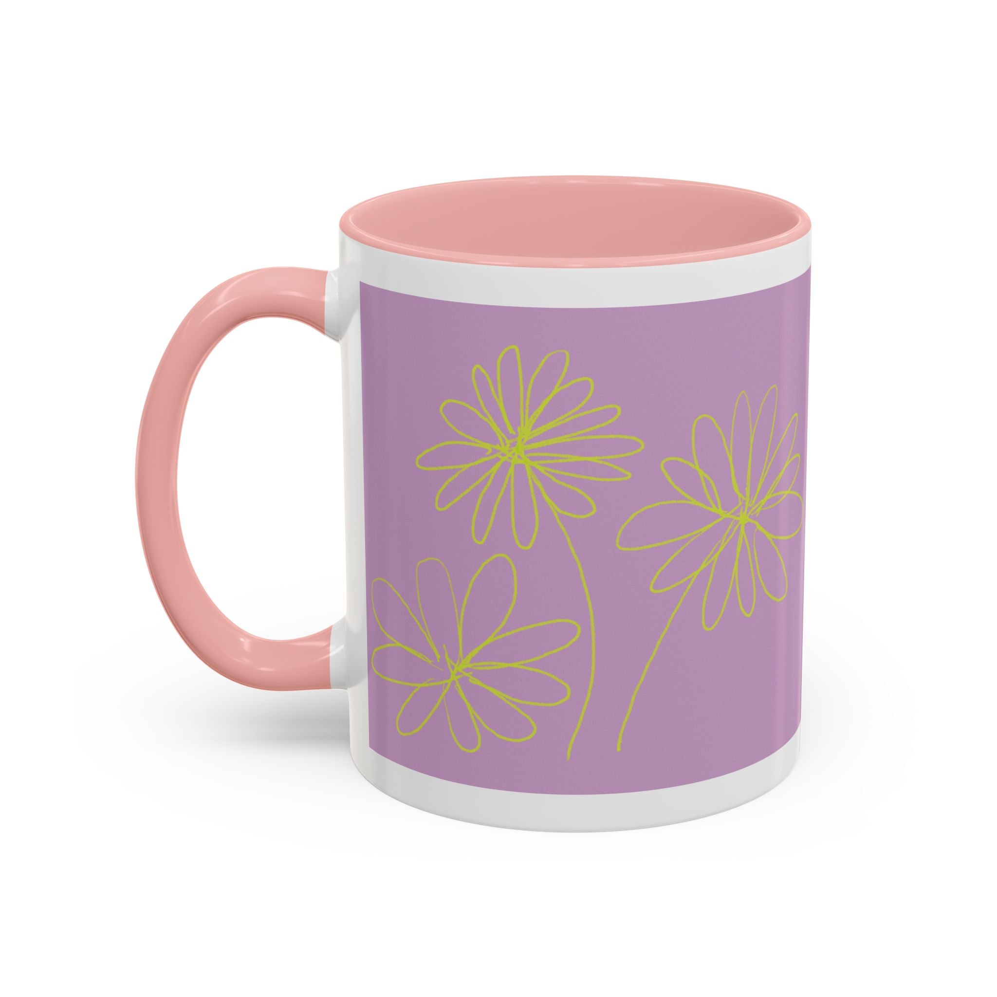Purple Floral Accent Mug — Dainty Yellow Daisy Coffee Cup (11/15oz)