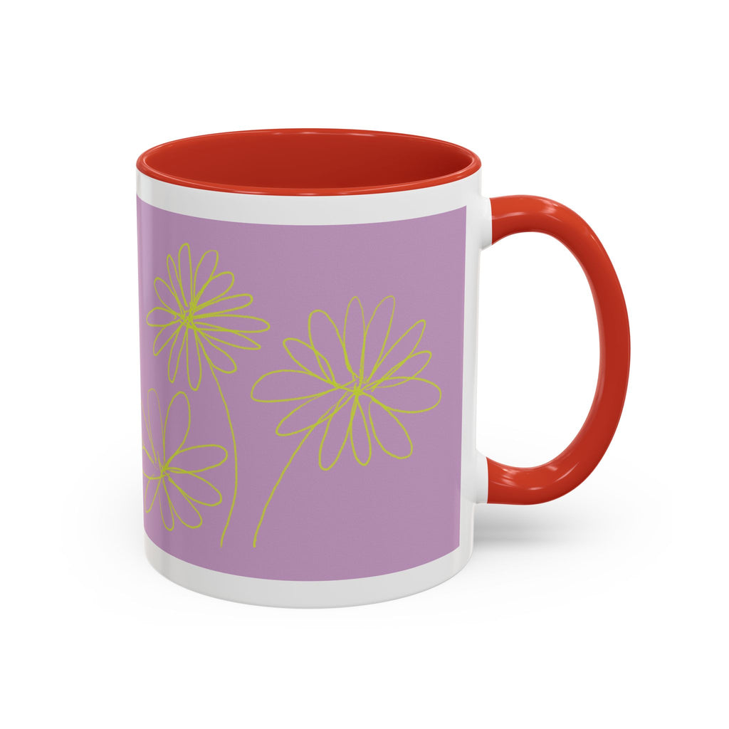 Purple Floral Accent Mug — Dainty Yellow Daisy Coffee Cup (11/15oz)
