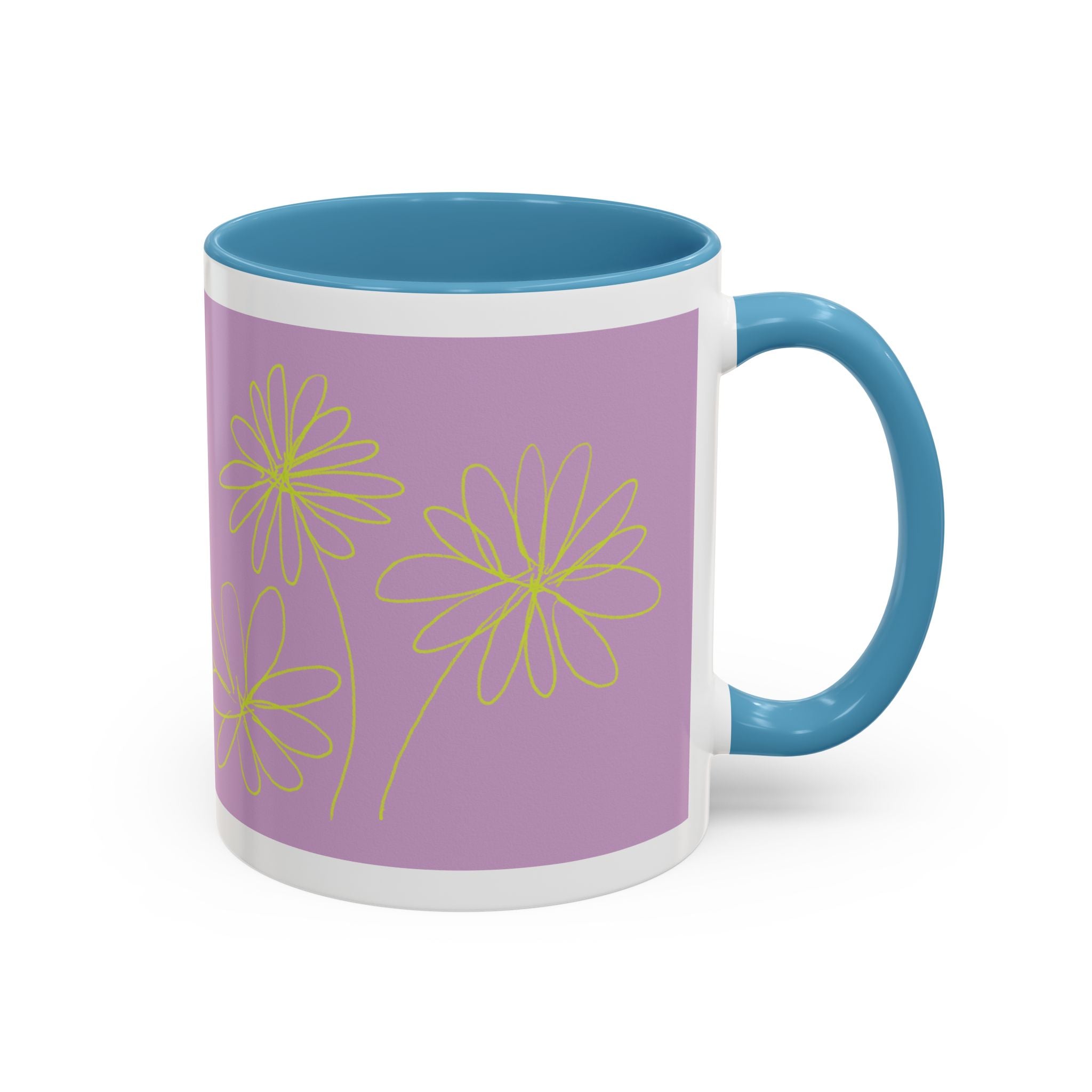 Purple Floral Accent Mug — Dainty Yellow Daisy Coffee Cup (11/15oz)