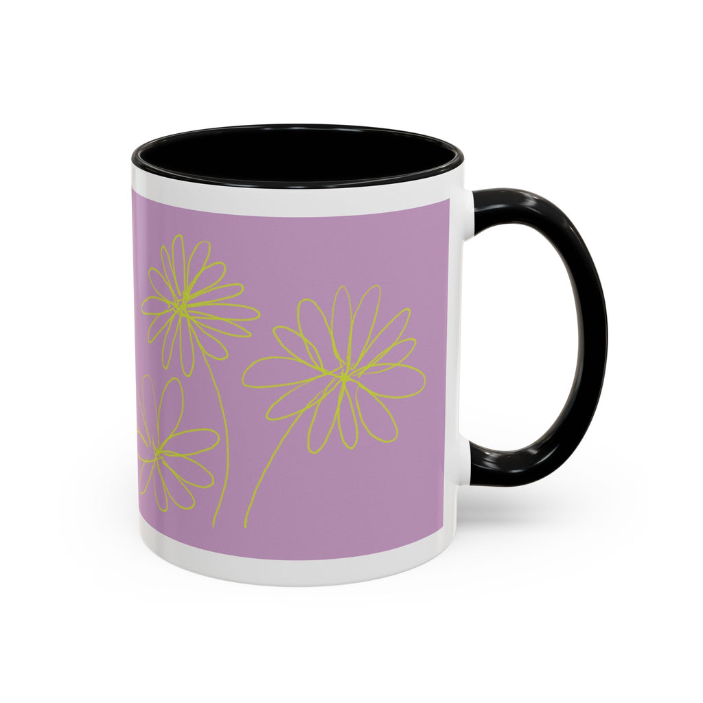 Purple Floral Accent Mug — Dainty Yellow Daisy Coffee Cup (11/15oz)