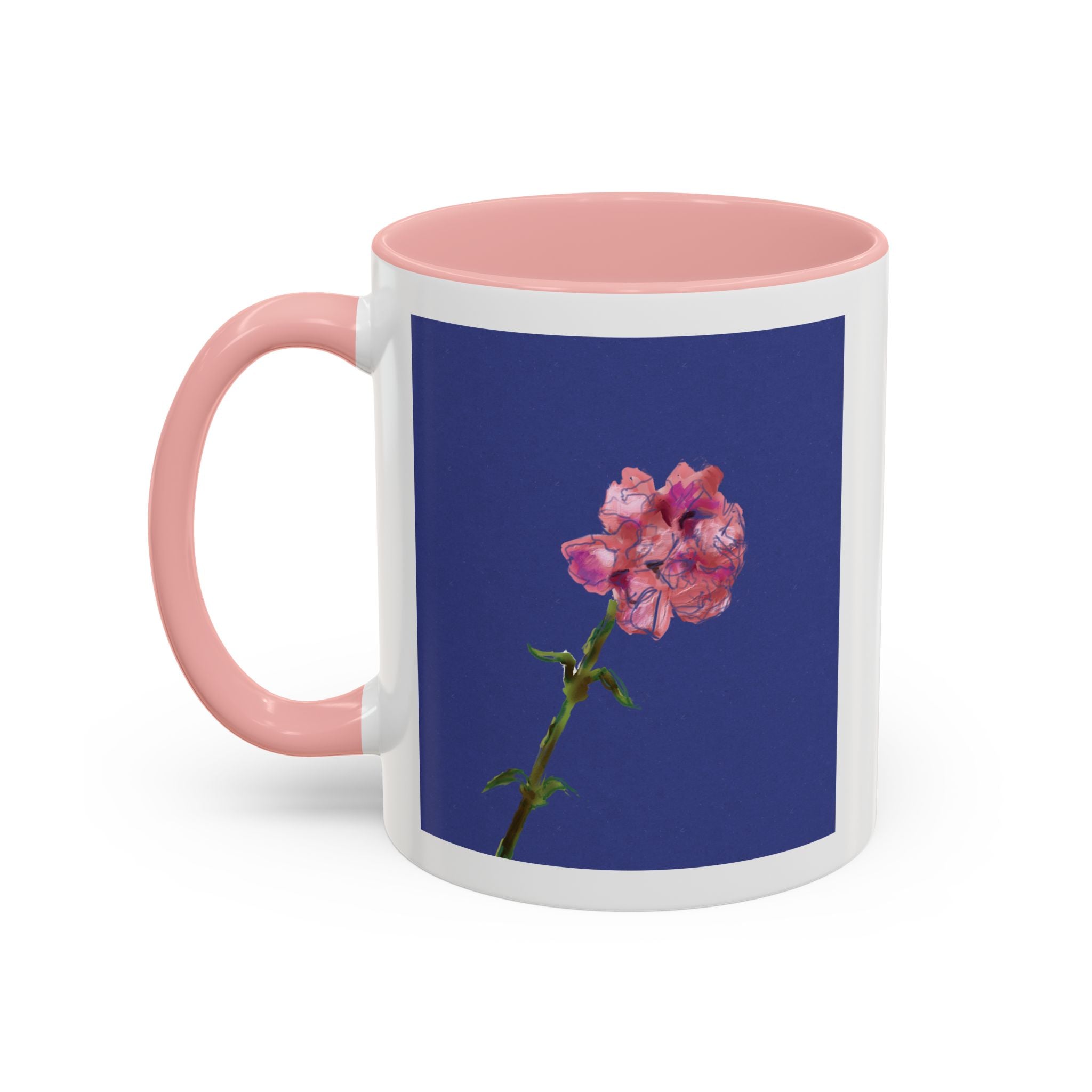 Carnation Floral Single Stem Accent Coffee Mug — Pink Carnation Blossom on Navy