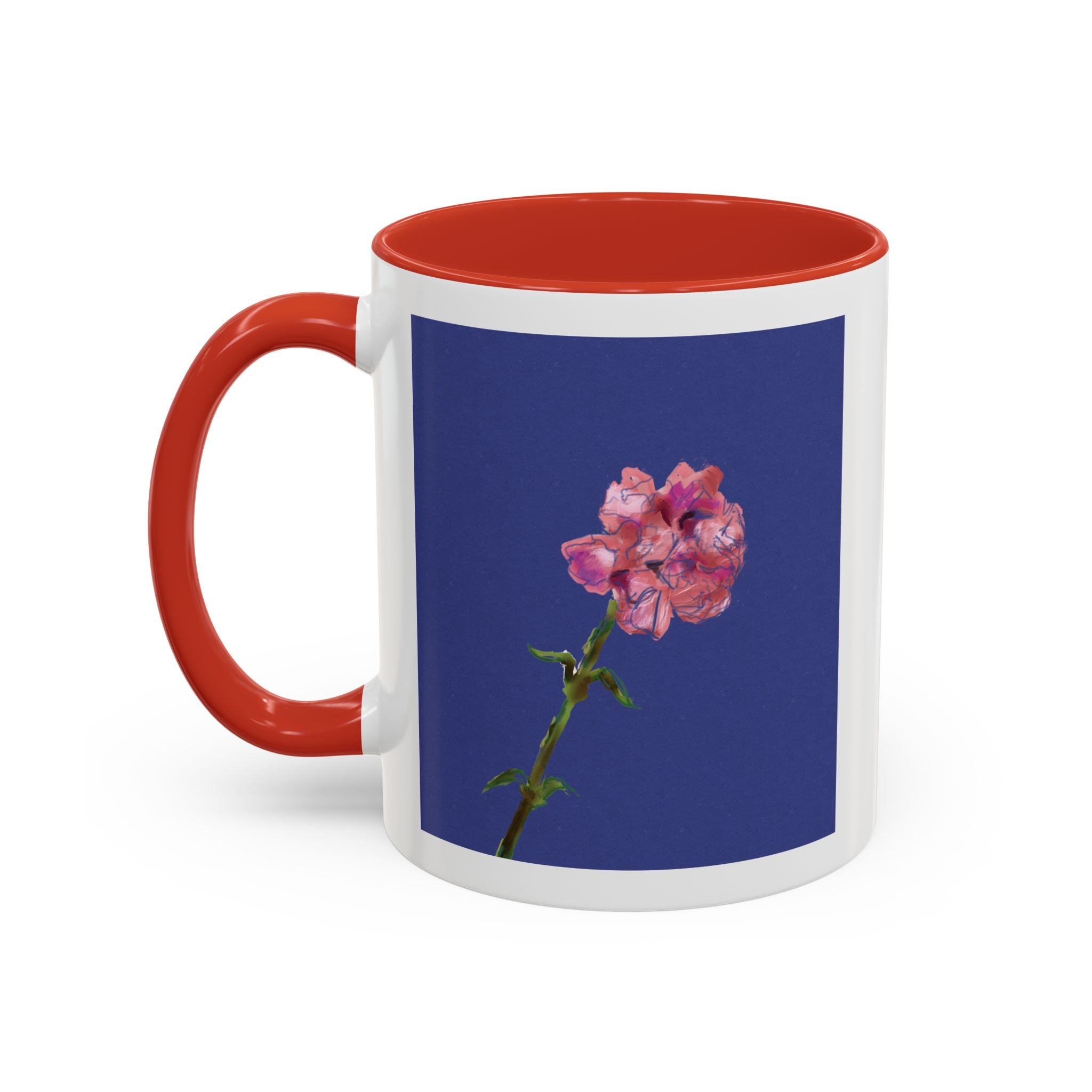 Carnation Floral Single Stem Accent Coffee Mug — Pink Carnation Blossom on Navy