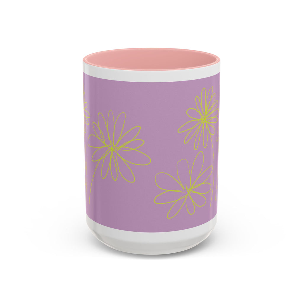 Purple Floral Accent Mug — Dainty Yellow Daisy Coffee Cup (11/15oz)