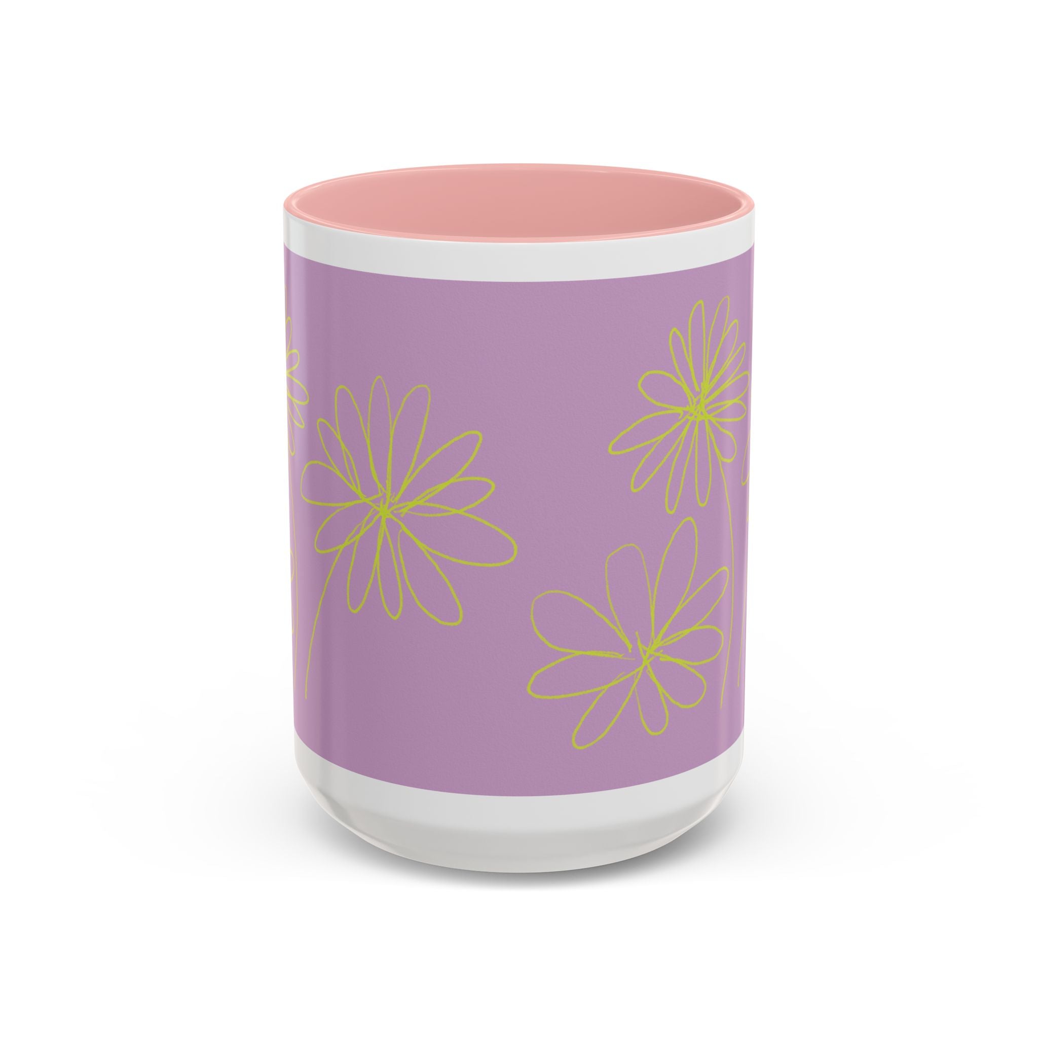 Purple Floral Accent Mug — Dainty Yellow Daisy Coffee Cup (11/15oz)