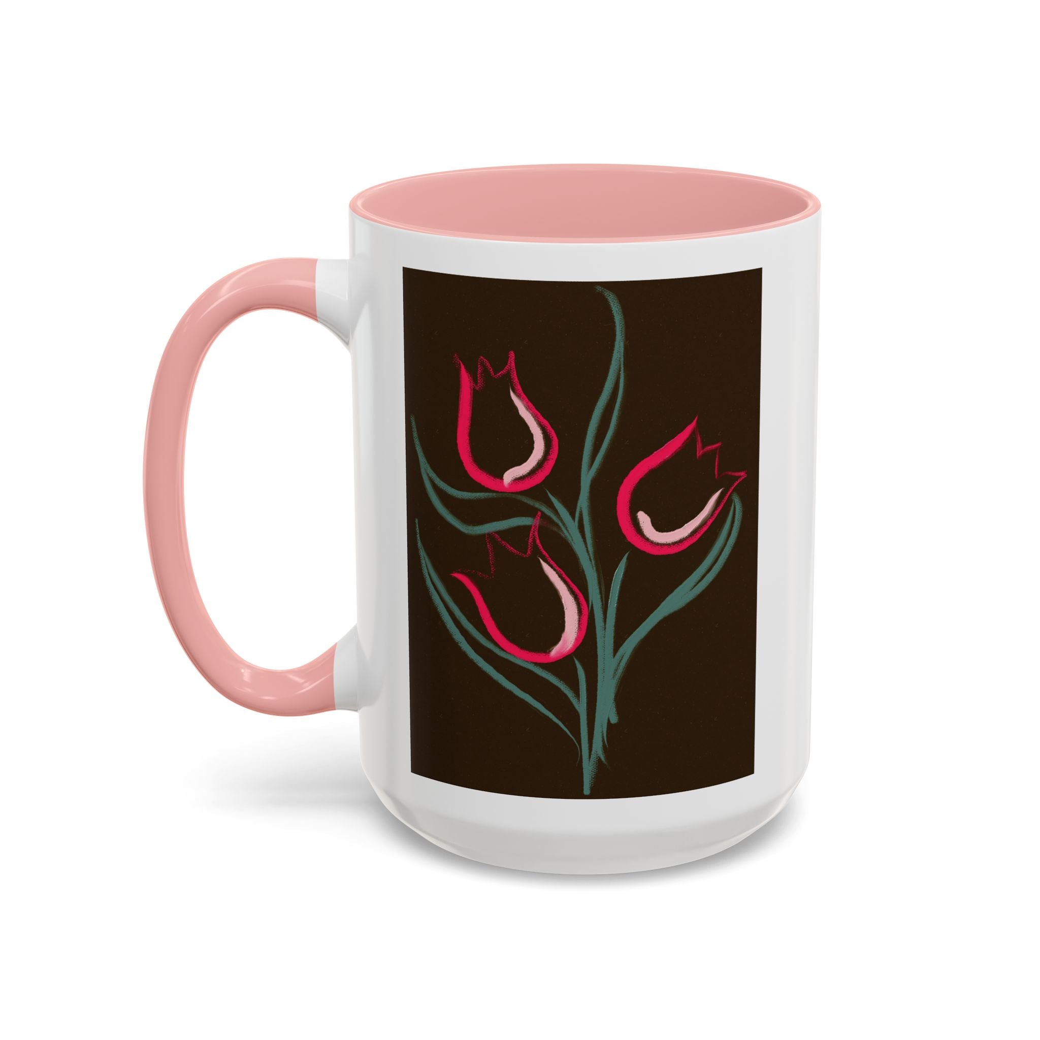 Tulip Floral Accent Coffee Mug — Pink Tulips on Dark Background (11/15 oz)