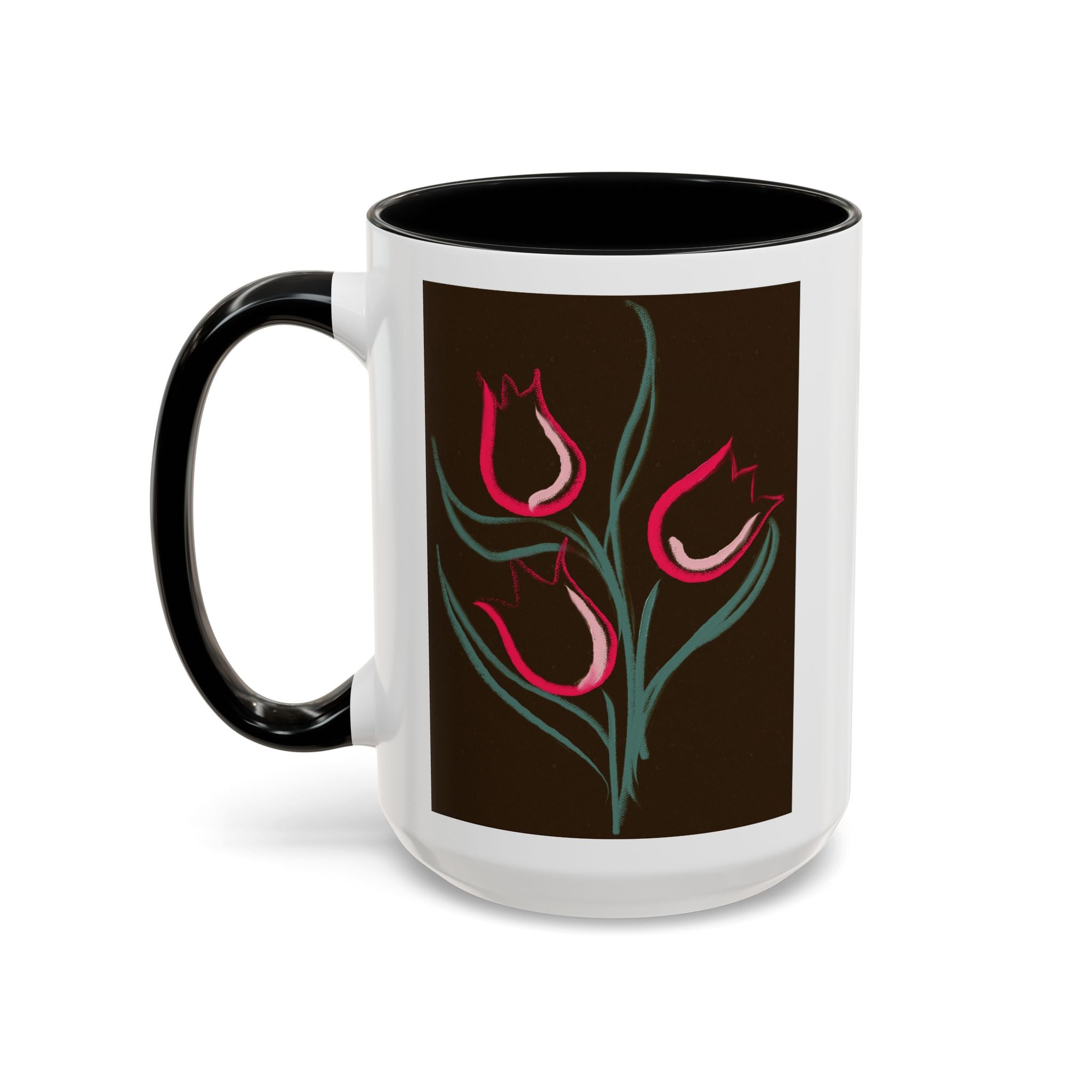 Tulip Floral Accent Coffee Mug — Pink Tulips on Dark Background (11/15 oz)