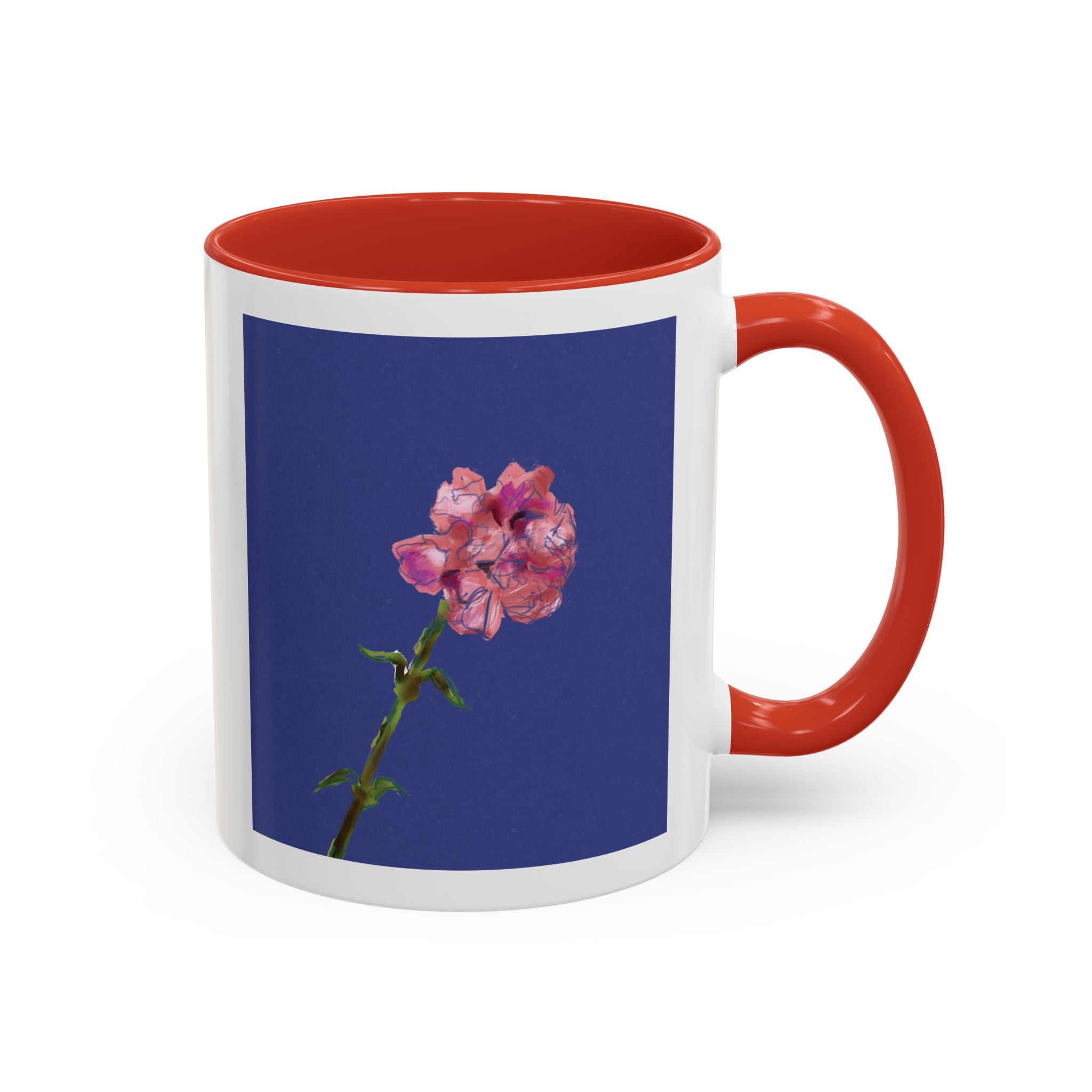Carnation Floral Single Stem Accent Coffee Mug — Pink Carnation Blossom on Navy