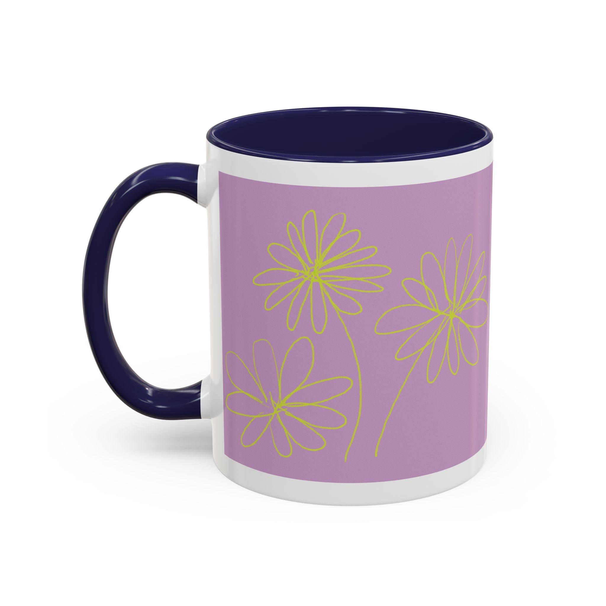 Purple Floral Accent Mug — Dainty Yellow Daisy Coffee Cup (11/15oz)