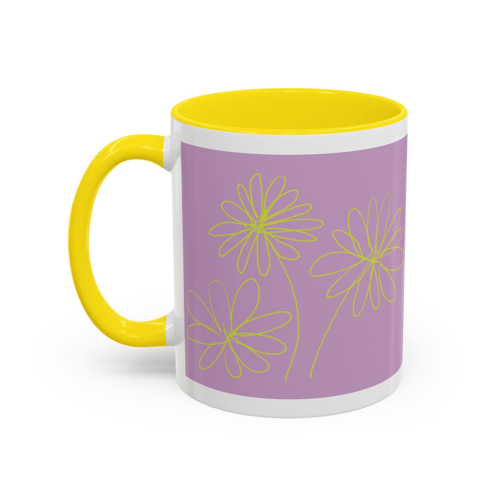 Purple Floral Accent Mug — Dainty Yellow Daisy Coffee Cup (11/15oz)