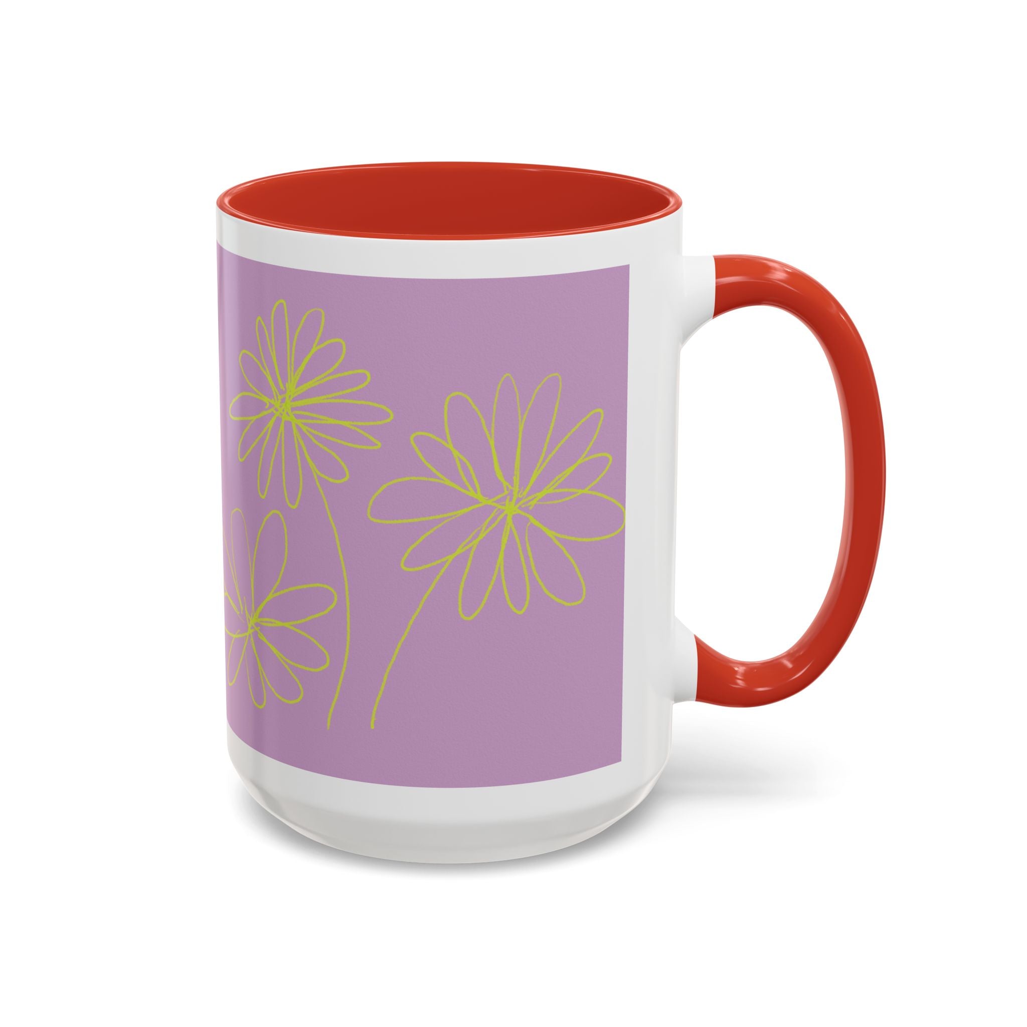 Purple Floral Accent Mug — Dainty Yellow Daisy Coffee Cup (11/15oz)