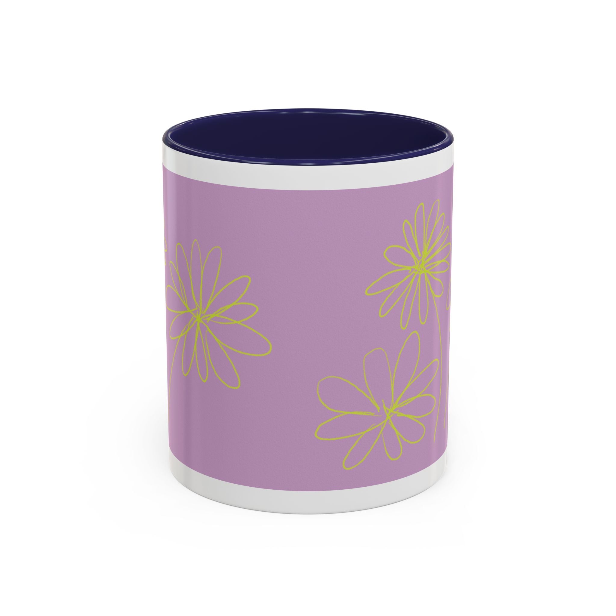Purple Floral Accent Mug — Dainty Yellow Daisy Coffee Cup (11/15oz)