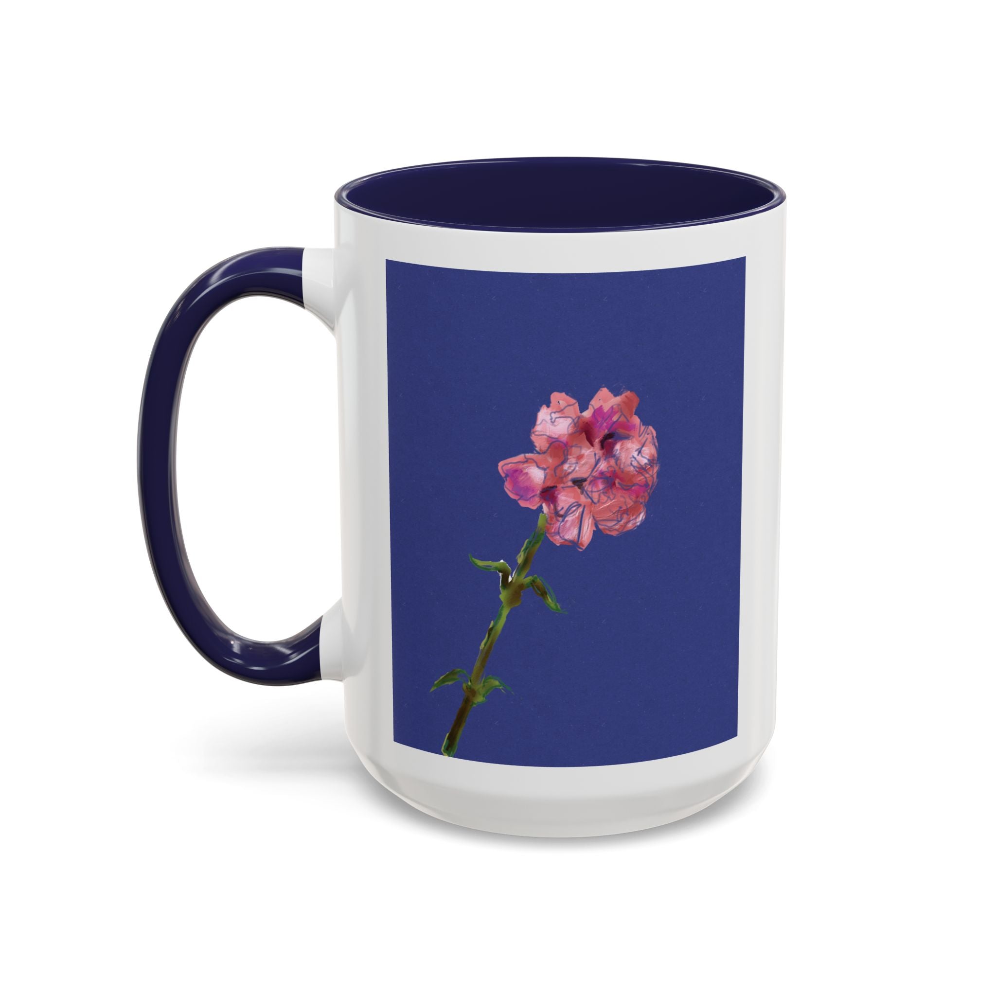 Carnation Floral Single Stem Accent Coffee Mug — Pink Carnation Blossom on Navy