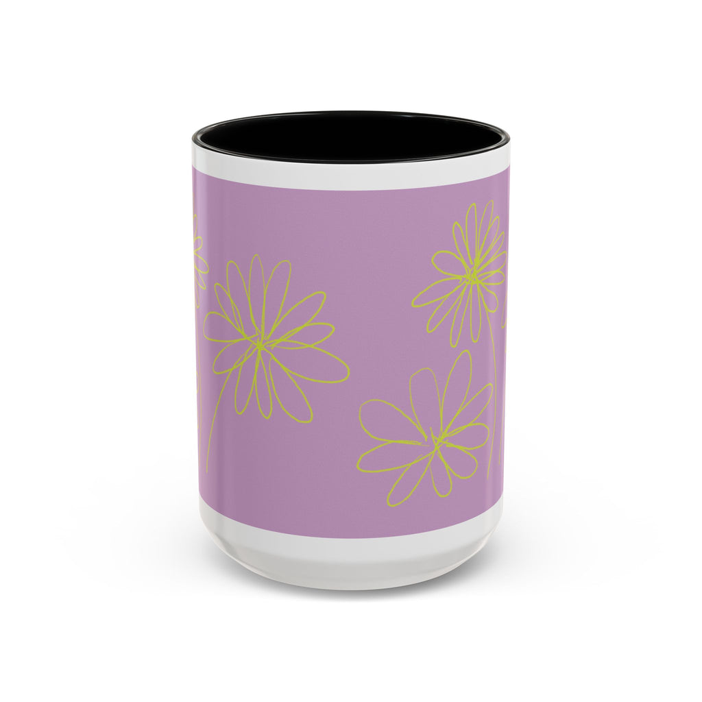 Purple Floral Accent Mug — Dainty Yellow Daisy Coffee Cup (11/15oz)