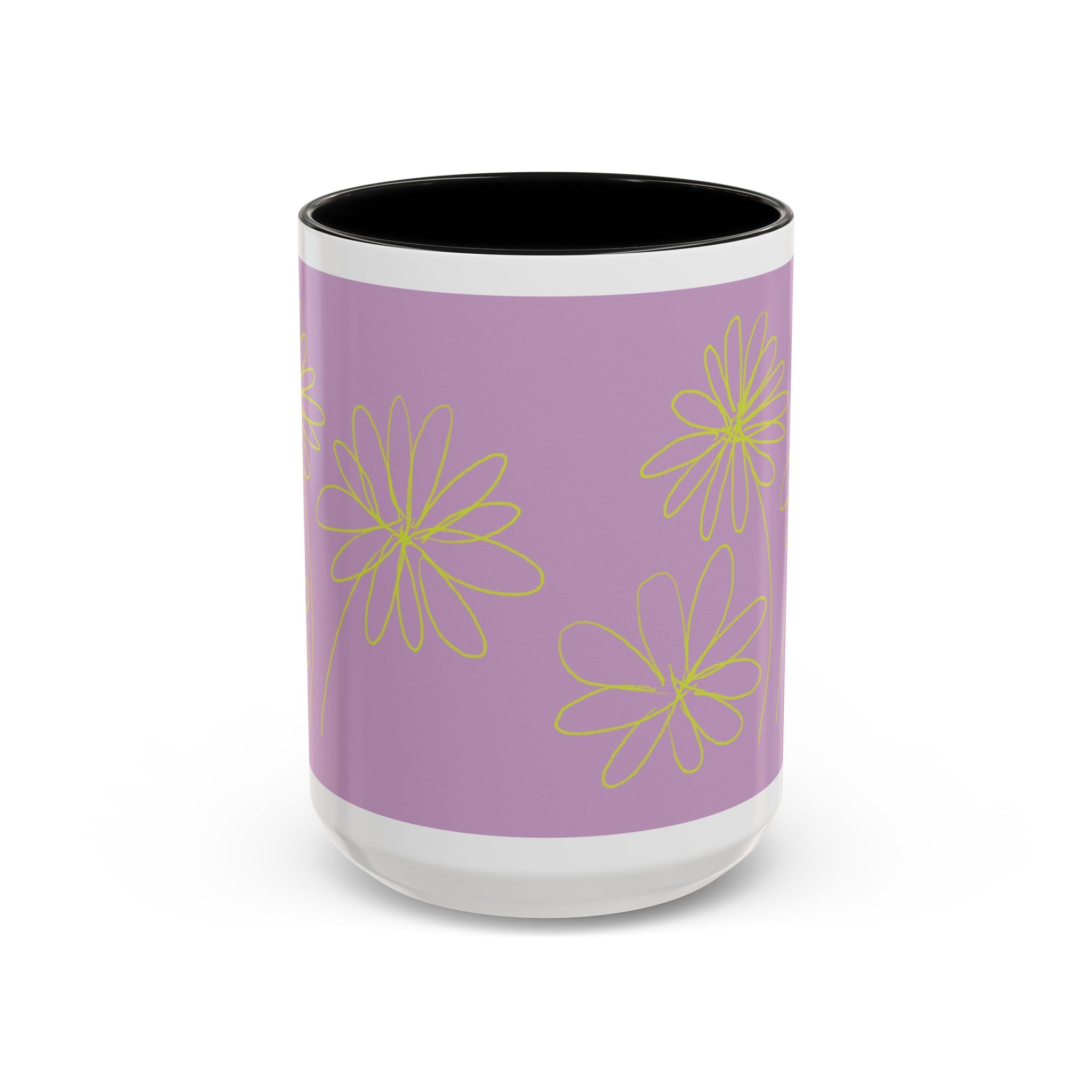 Purple Floral Accent Mug — Dainty Yellow Daisy Coffee Cup (11/15oz)