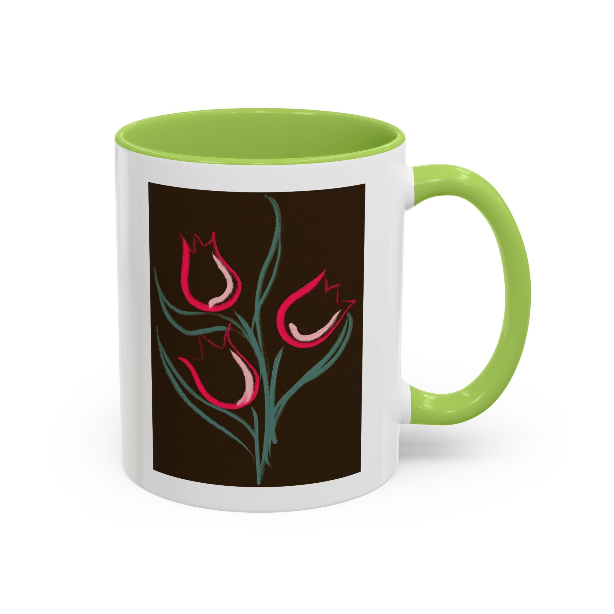 Tulip Floral Accent Coffee Mug — Pink Tulips on Dark Background (11/15 oz)