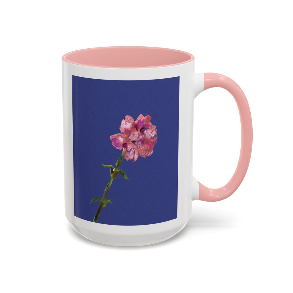 Carnation Floral Single Stem Accent Coffee Mug — Pink Carnation Blossom on Navy