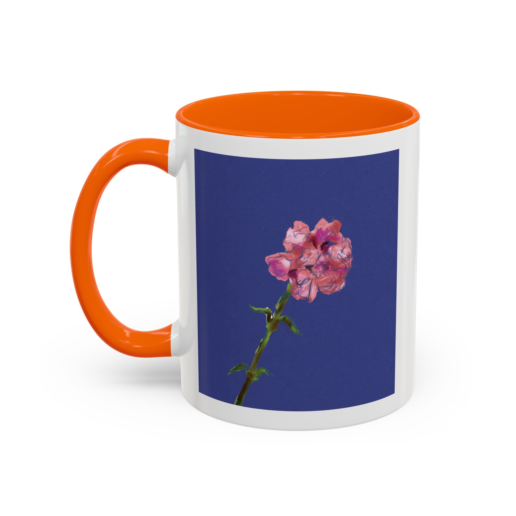 Carnation Floral Single Stem Accent Coffee Mug — Pink Carnation Blossom on Navy