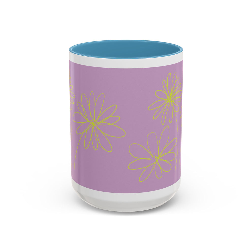 Purple Floral Accent Mug — Dainty Yellow Daisy Coffee Cup (11/15oz)