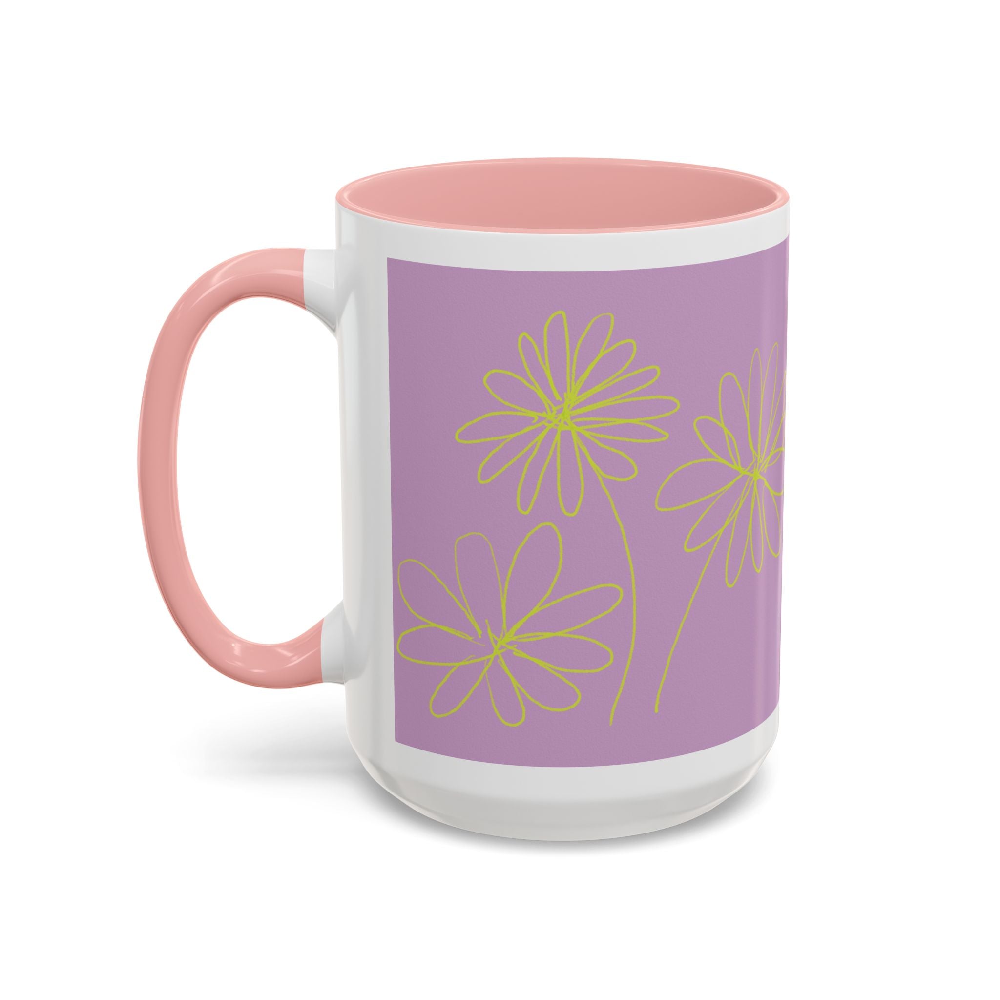 Purple Floral Accent Mug — Dainty Yellow Daisy Coffee Cup (11/15oz)