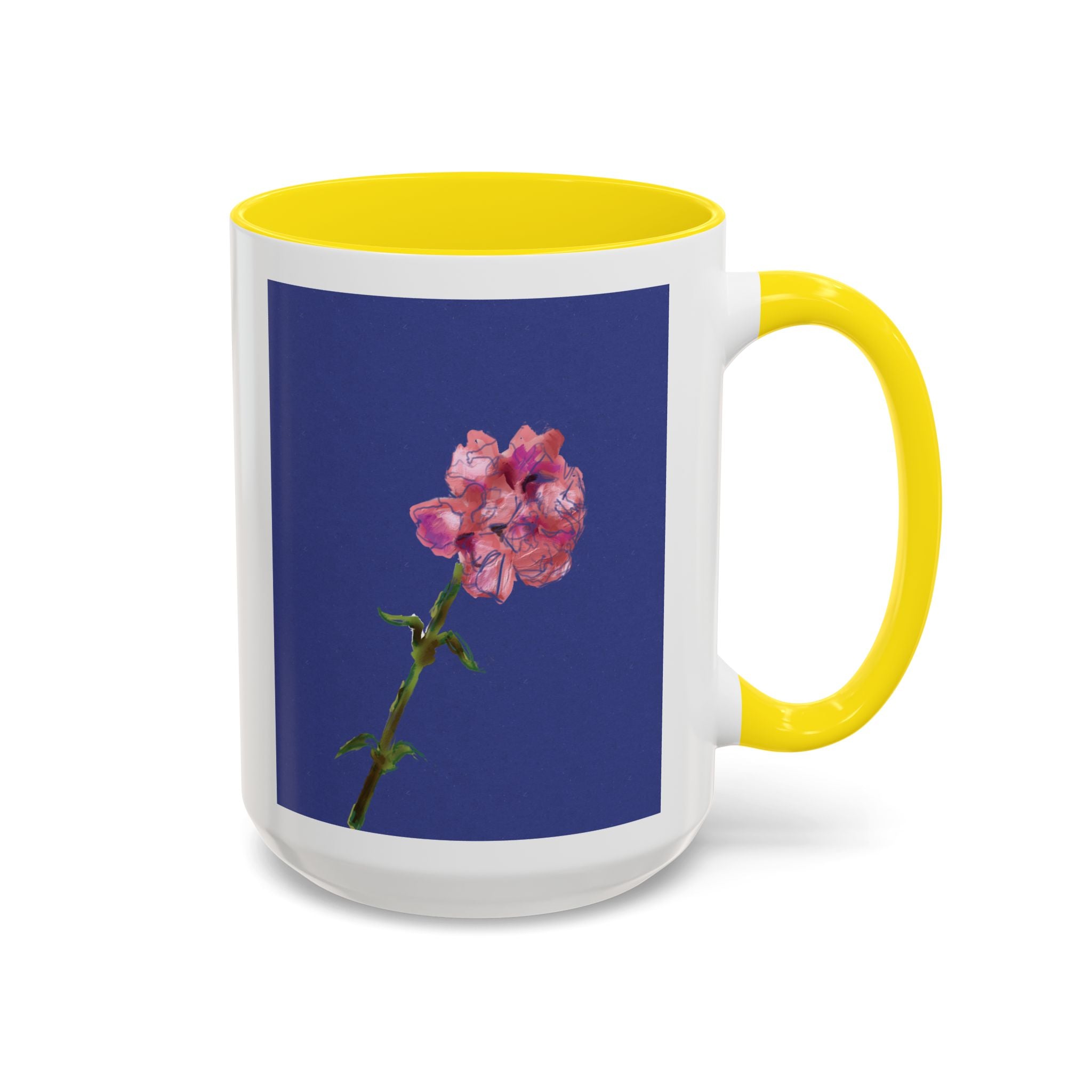 Carnation Floral Single Stem Accent Coffee Mug — Pink Carnation Blossom on Navy