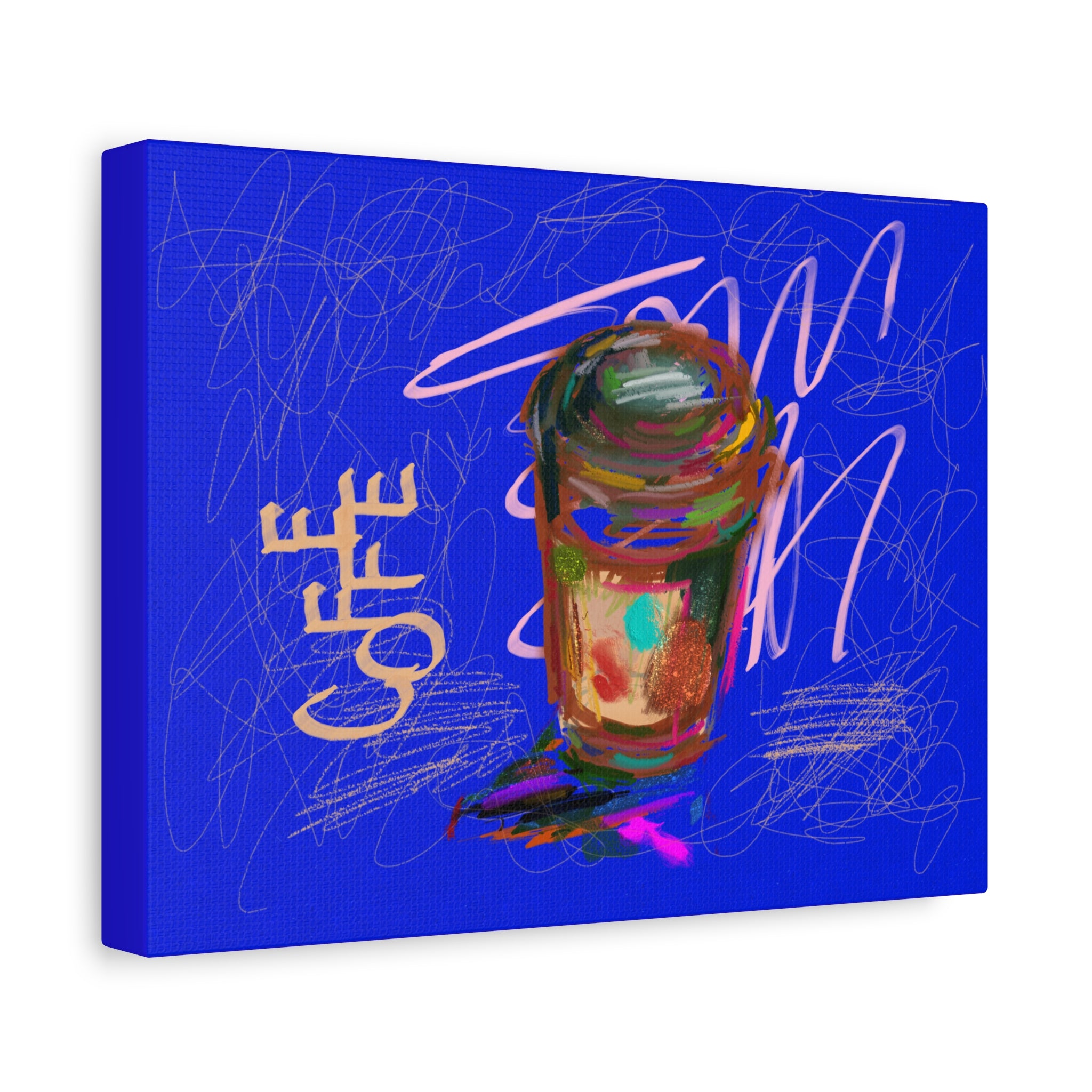 Coffee Cup Canvas Wall Art Print - Vibrant Blue Matte Stretched Canvas