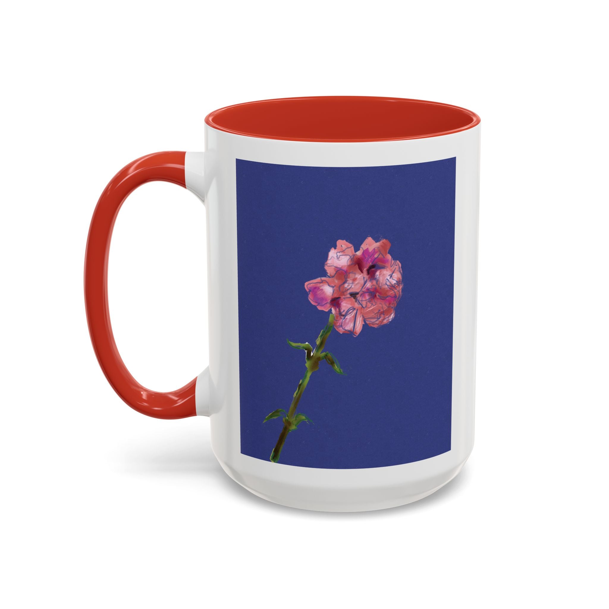Carnation Floral Single Stem Accent Coffee Mug — Pink Carnation Blossom on Navy