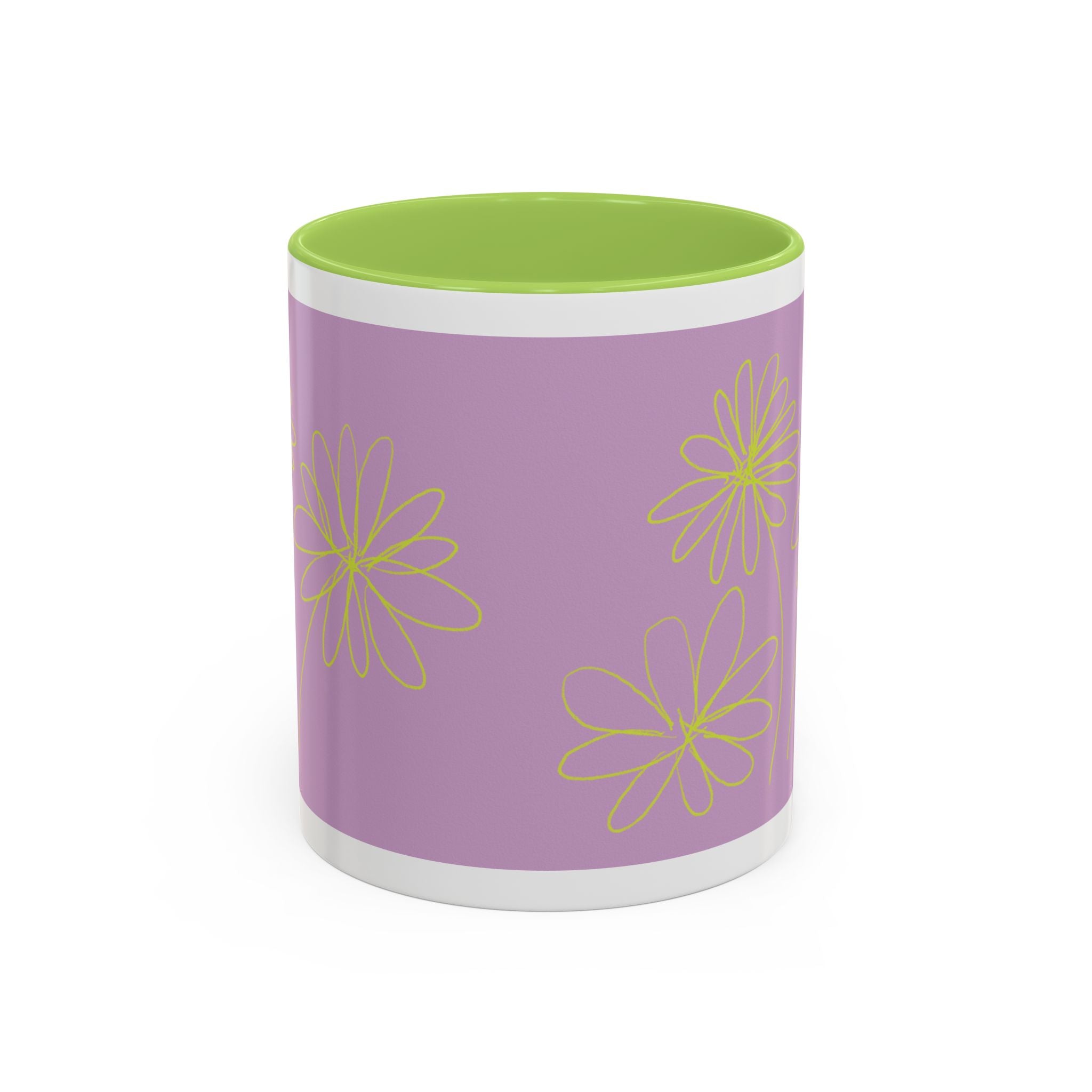 Purple Floral Accent Mug — Dainty Yellow Daisy Coffee Cup (11/15oz)
