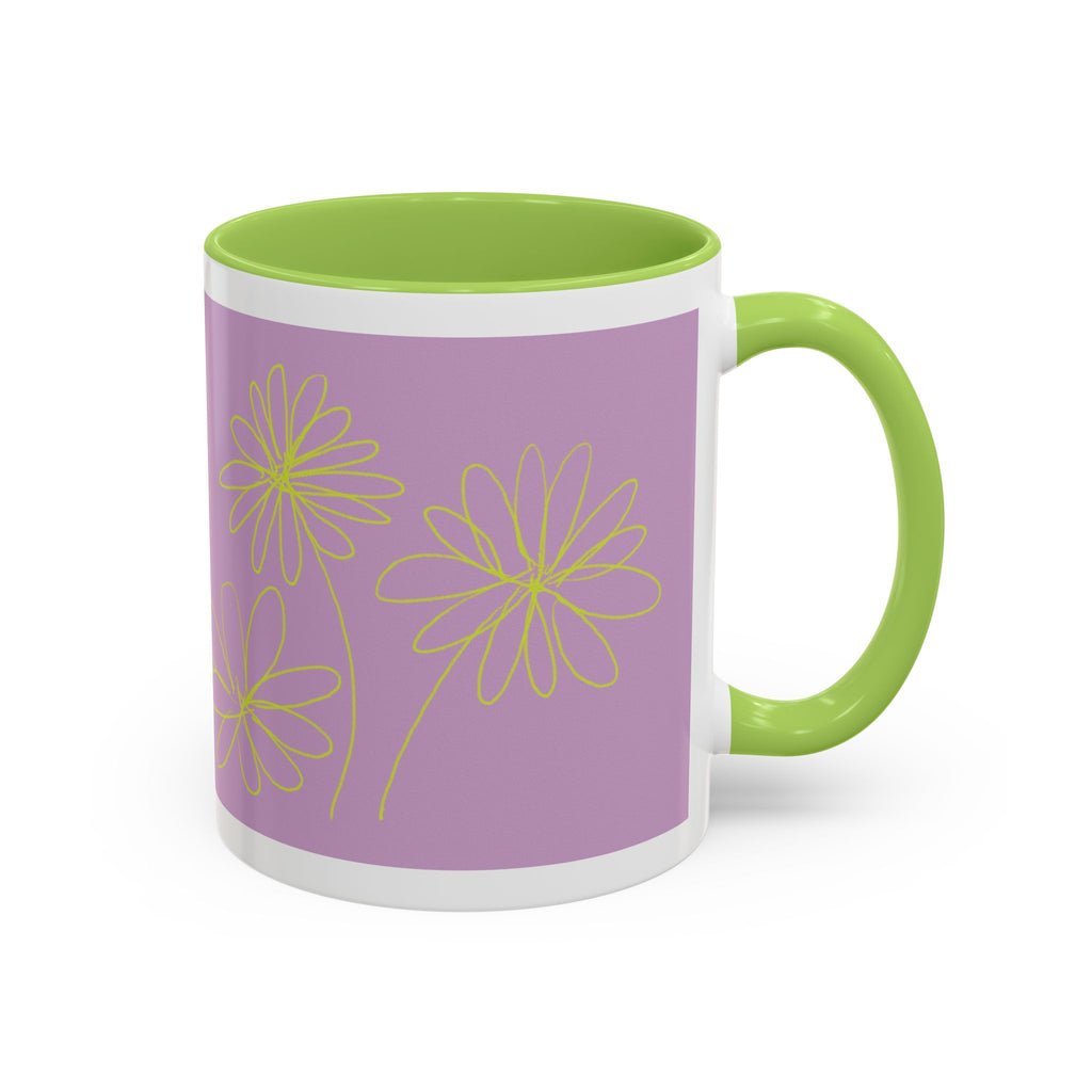 Purple Floral Accent Mug — Dainty Yellow Daisy Coffee Cup (11/15oz)