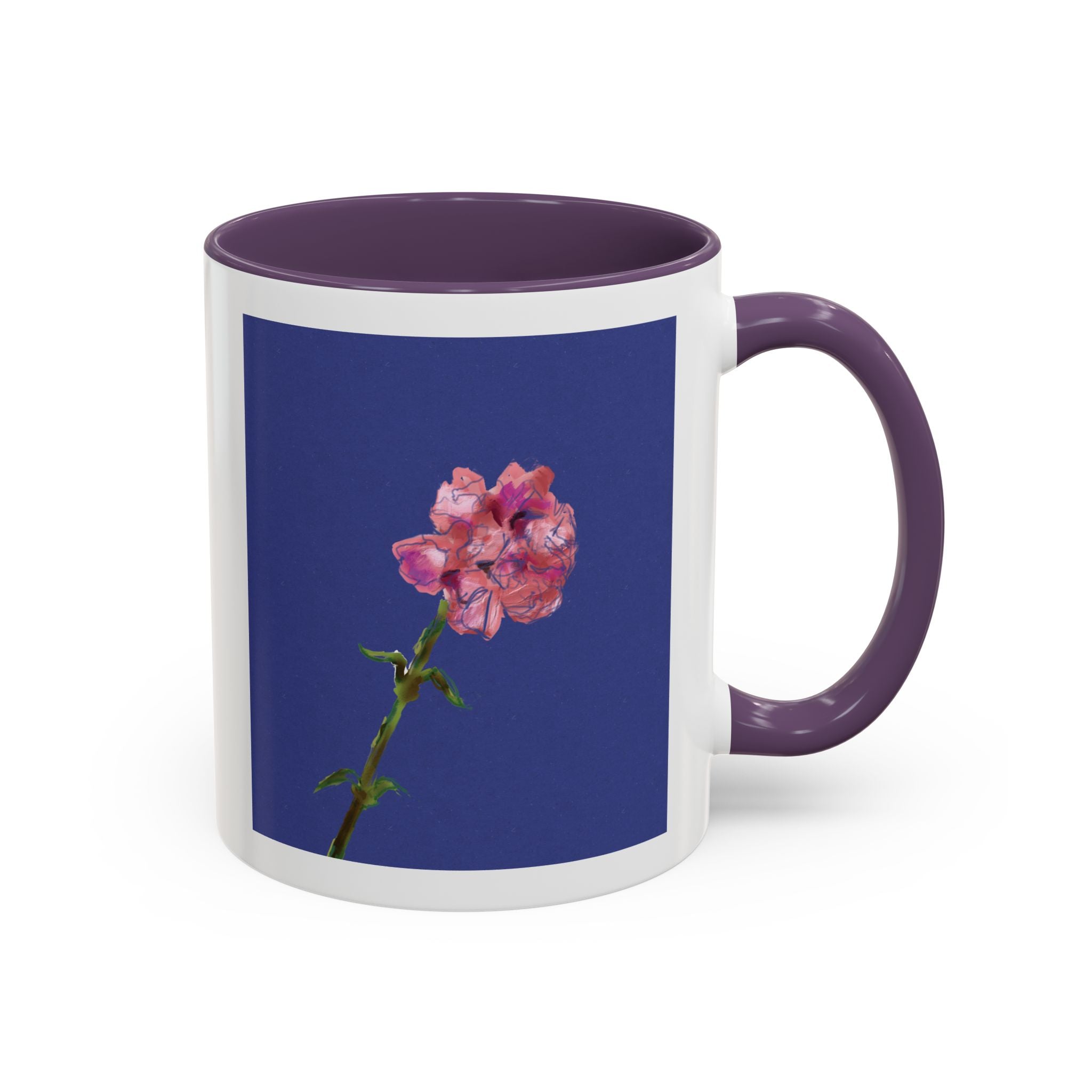 Carnation Floral Single Stem Accent Coffee Mug — Pink Carnation Blossom on Navy
