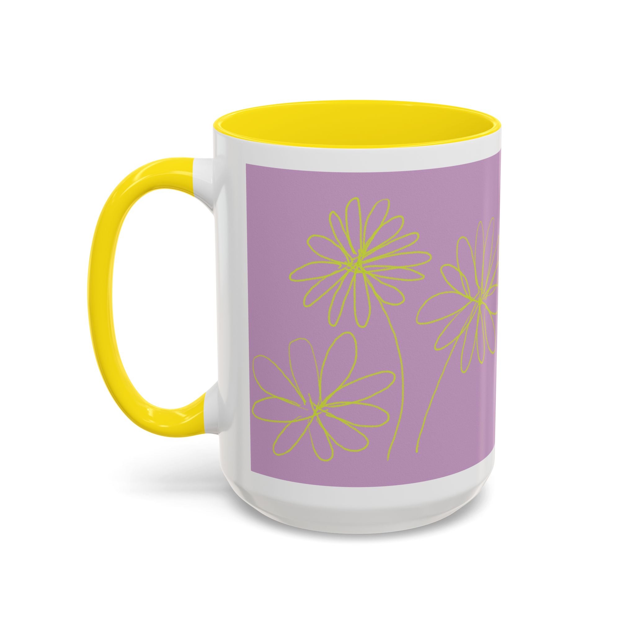 Purple Floral Accent Mug — Dainty Yellow Daisy Coffee Cup (11/15oz)