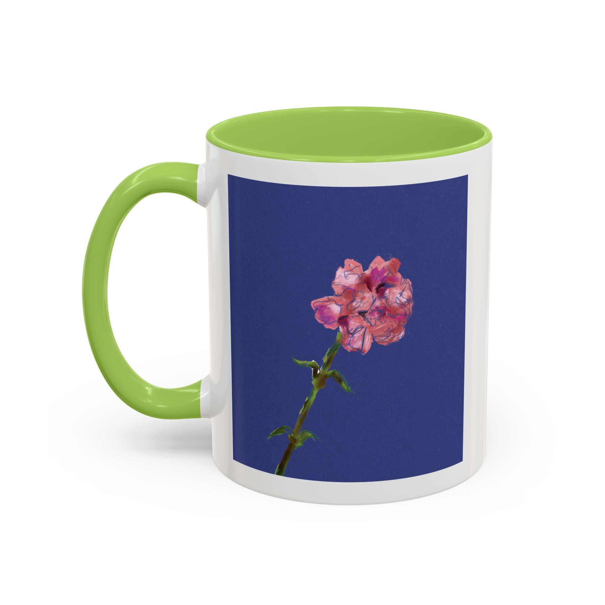 Carnation Floral Single Stem Accent Coffee Mug — Pink Carnation Blossom on Navy
