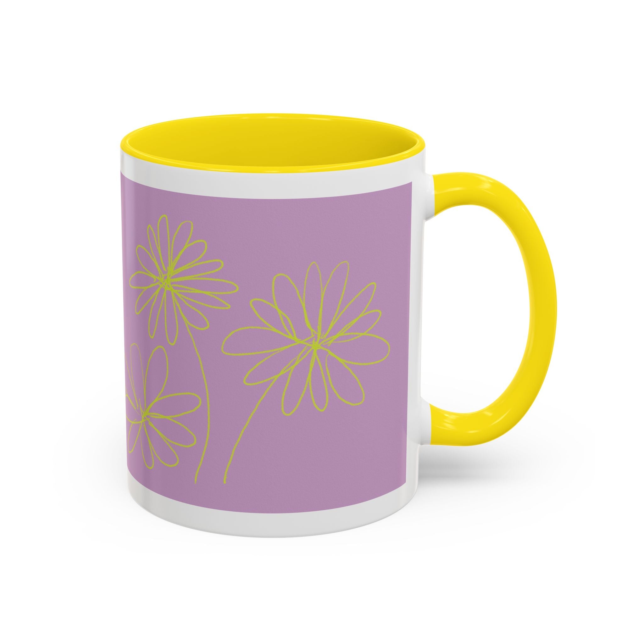 Purple Floral Accent Mug — Dainty Yellow Daisy Coffee Cup (11/15oz)