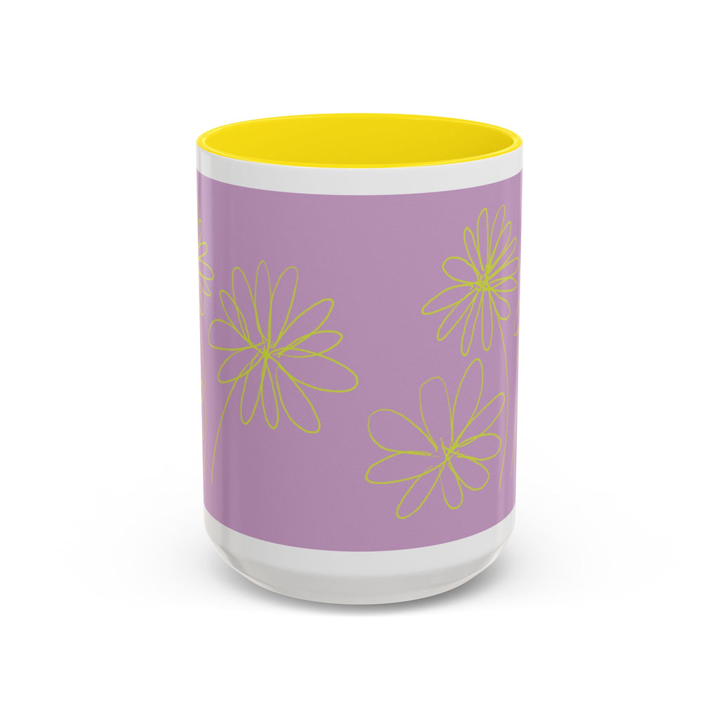 Purple Floral Accent Mug — Dainty Yellow Daisy Coffee Cup (11/15oz)