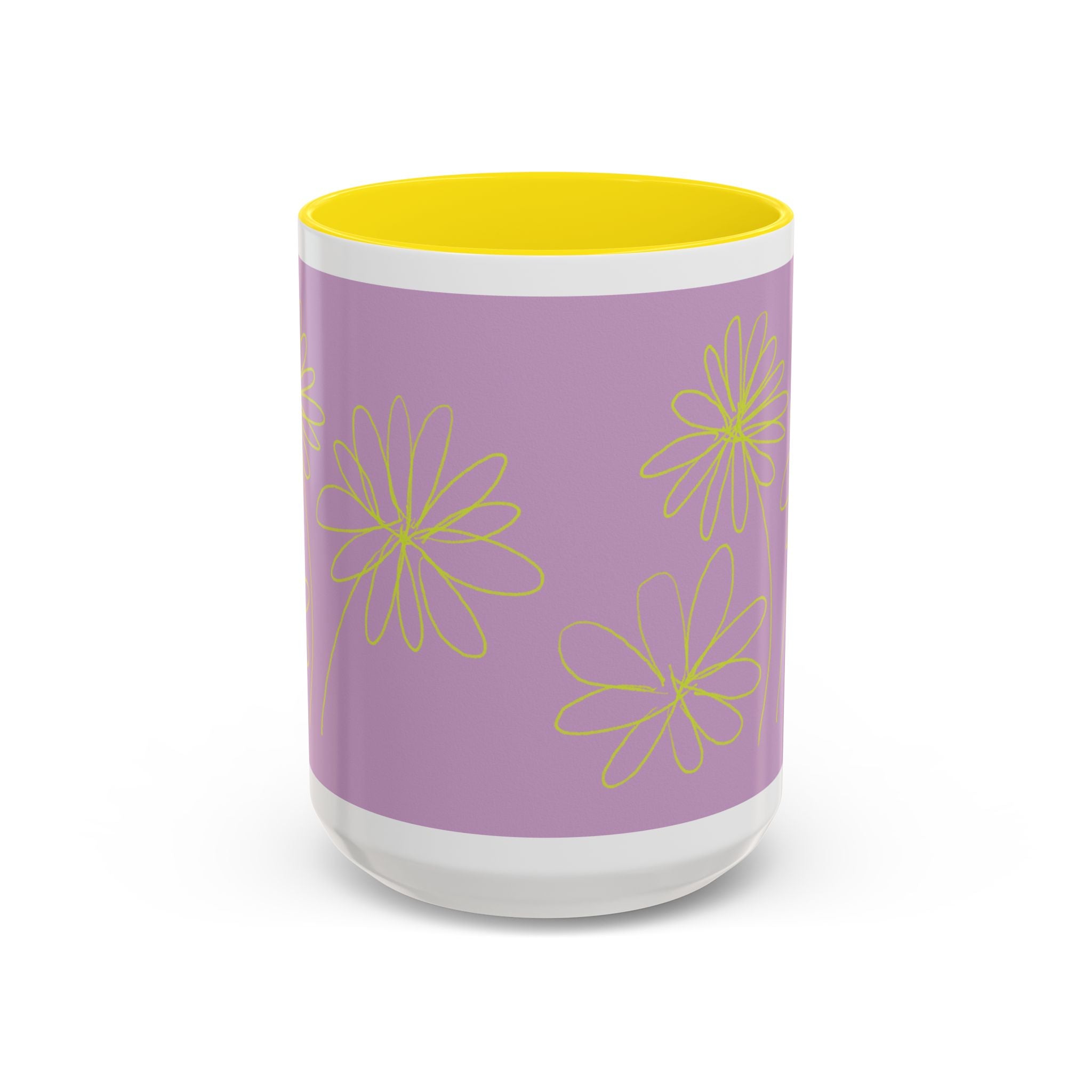 Purple Floral Accent Mug — Dainty Yellow Daisy Coffee Cup (11/15oz)