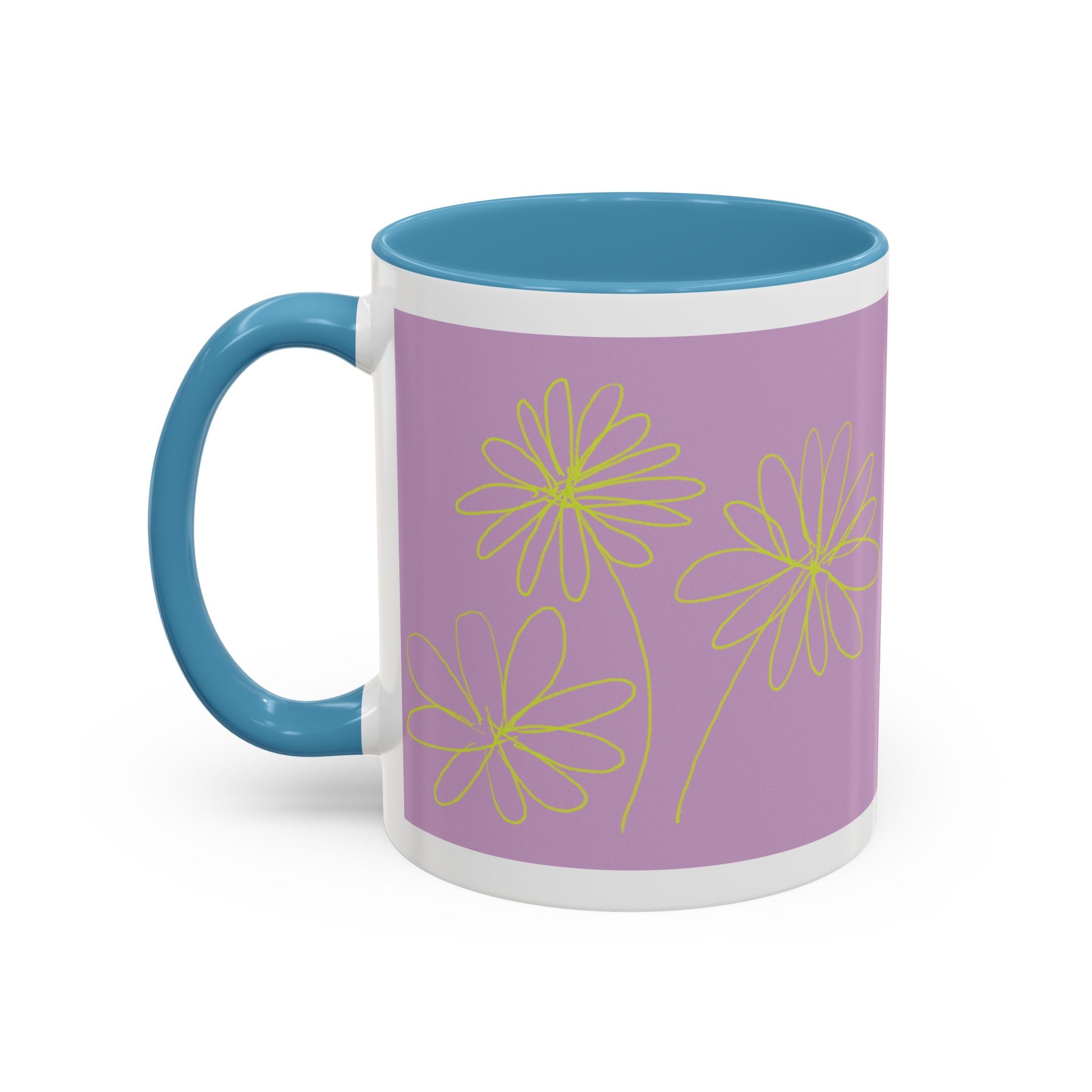 Purple Floral Accent Mug — Dainty Yellow Daisy Coffee Cup (11/15oz)