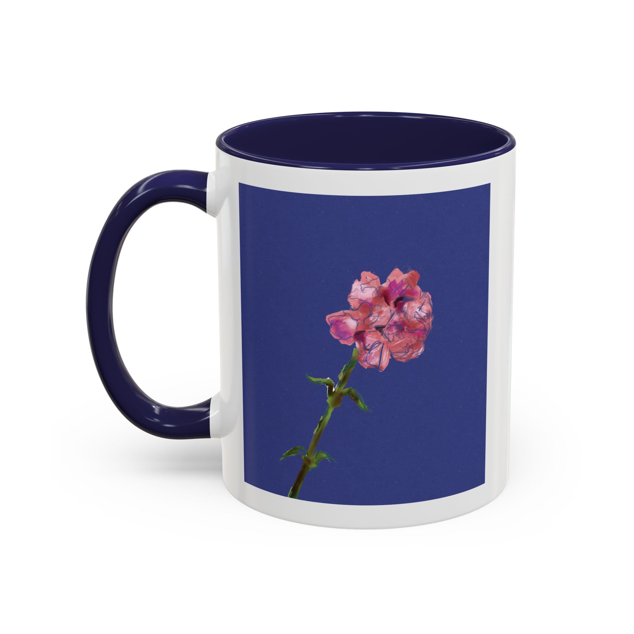 Carnation Floral Single Stem Accent Coffee Mug — Pink Carnation Blossom on Navy