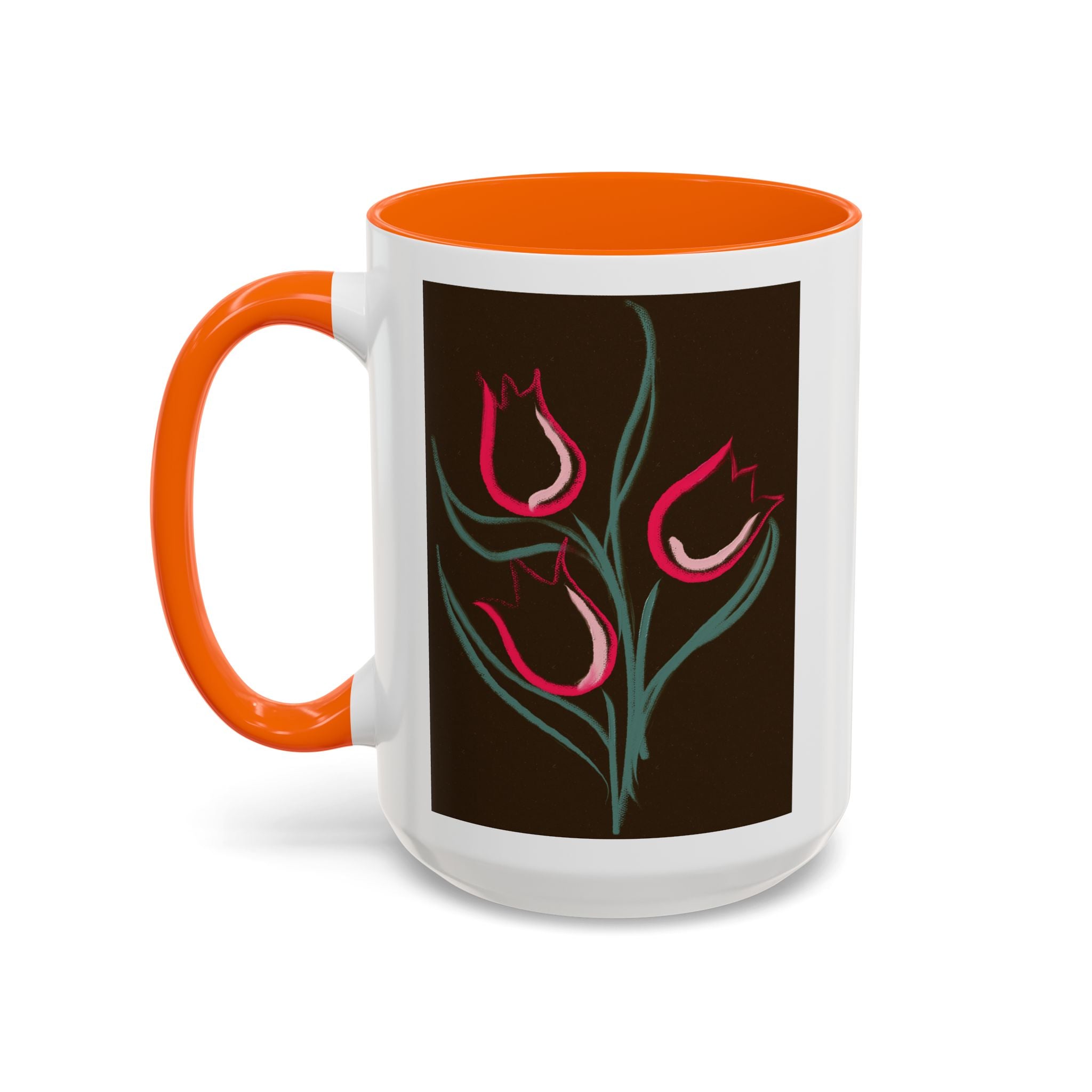 Tulip Floral Accent Coffee Mug — Pink Tulips on Dark Background (11/15 oz)