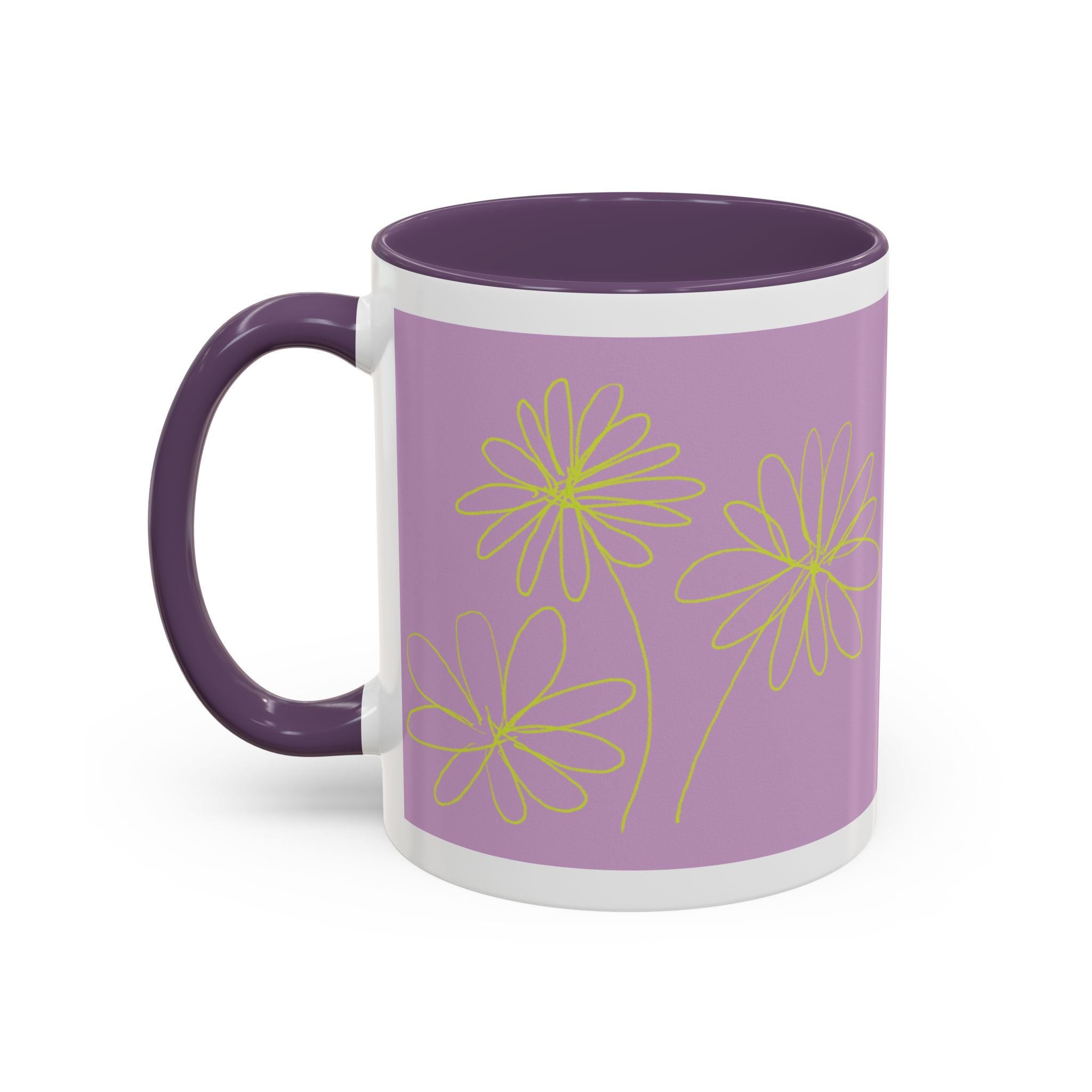 Purple Floral Accent Mug — Dainty Yellow Daisy Coffee Cup (11/15oz)