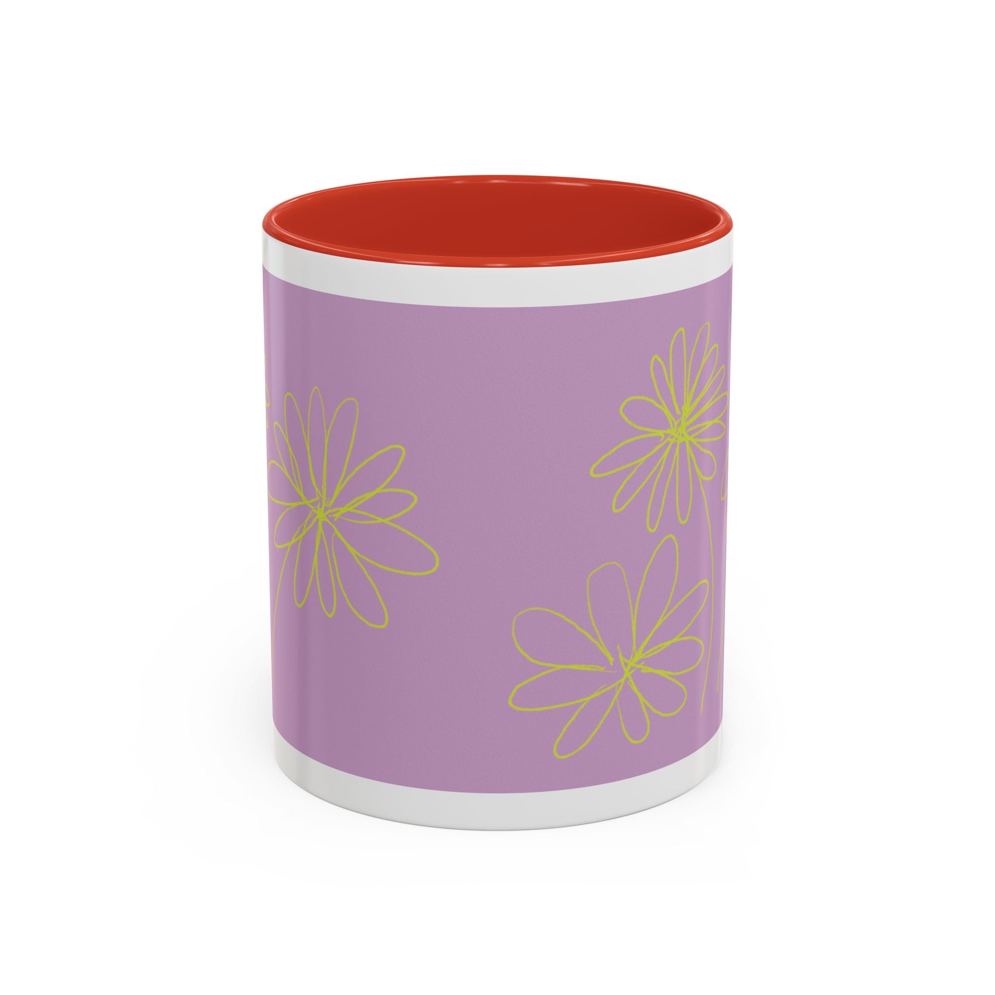 Purple Floral Accent Mug — Dainty Yellow Daisy Coffee Cup (11/15oz)