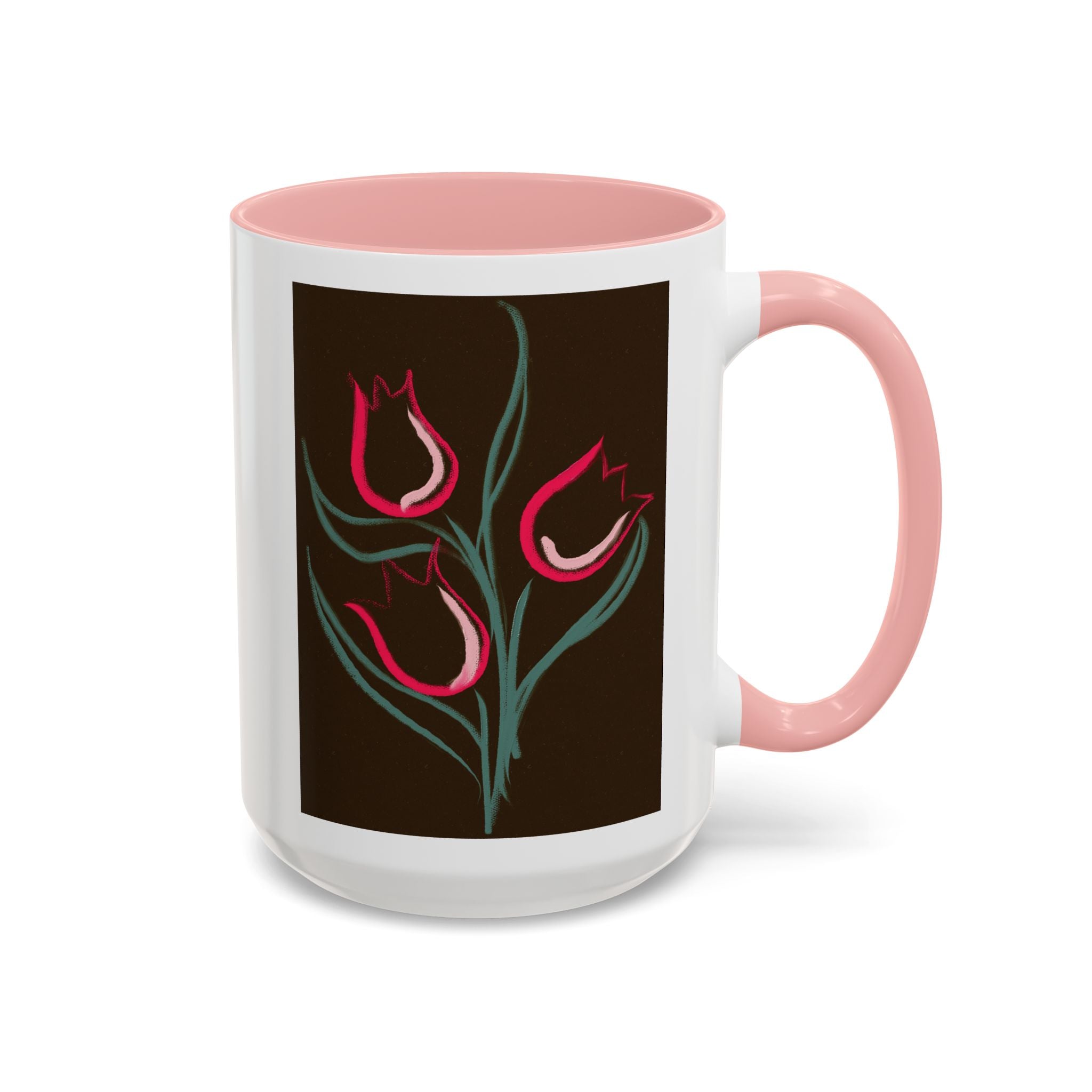 Tulip Floral Accent Coffee Mug — Pink Tulips on Dark Background (11/15 oz)
