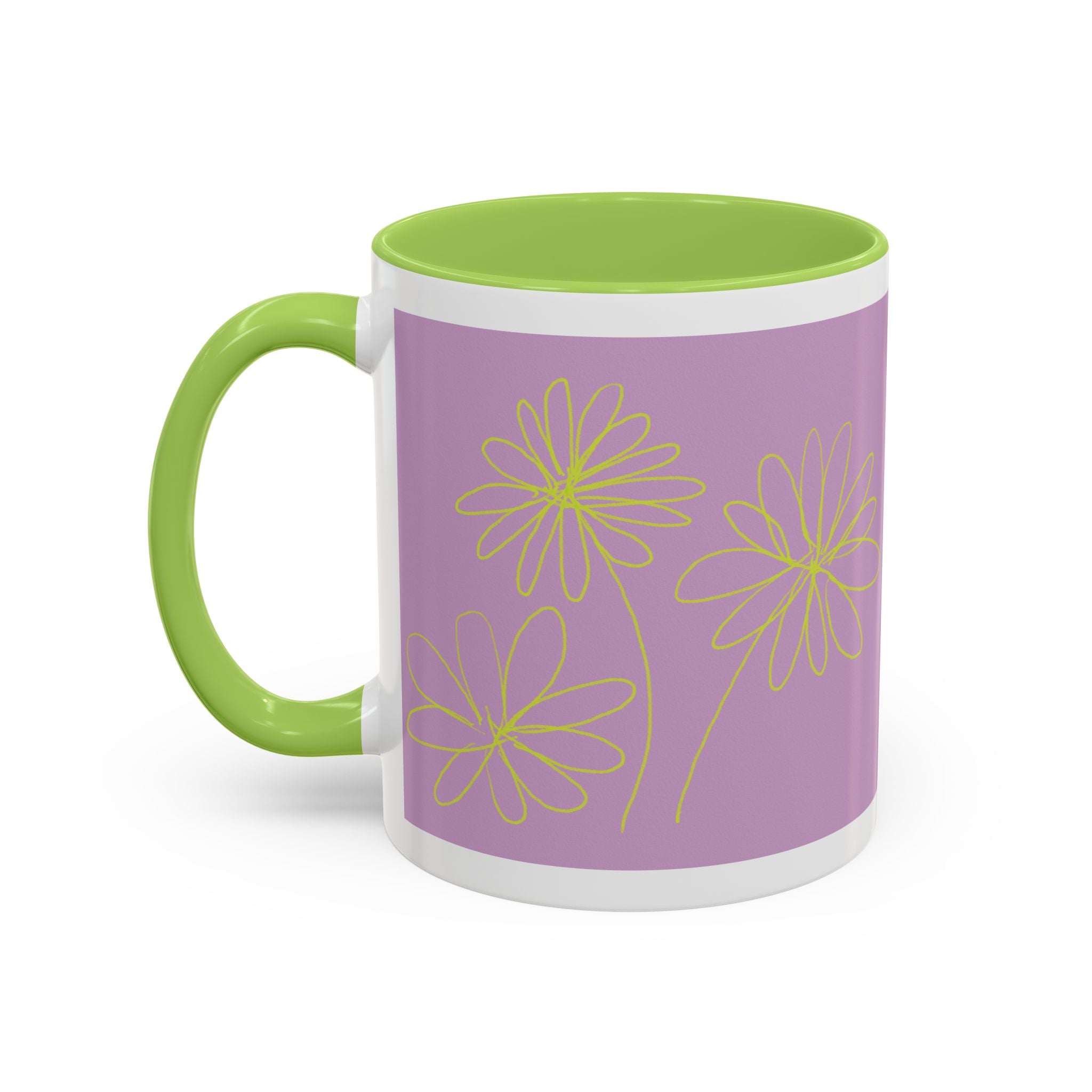 Purple Floral Accent Mug — Dainty Yellow Daisy Coffee Cup (11/15oz)