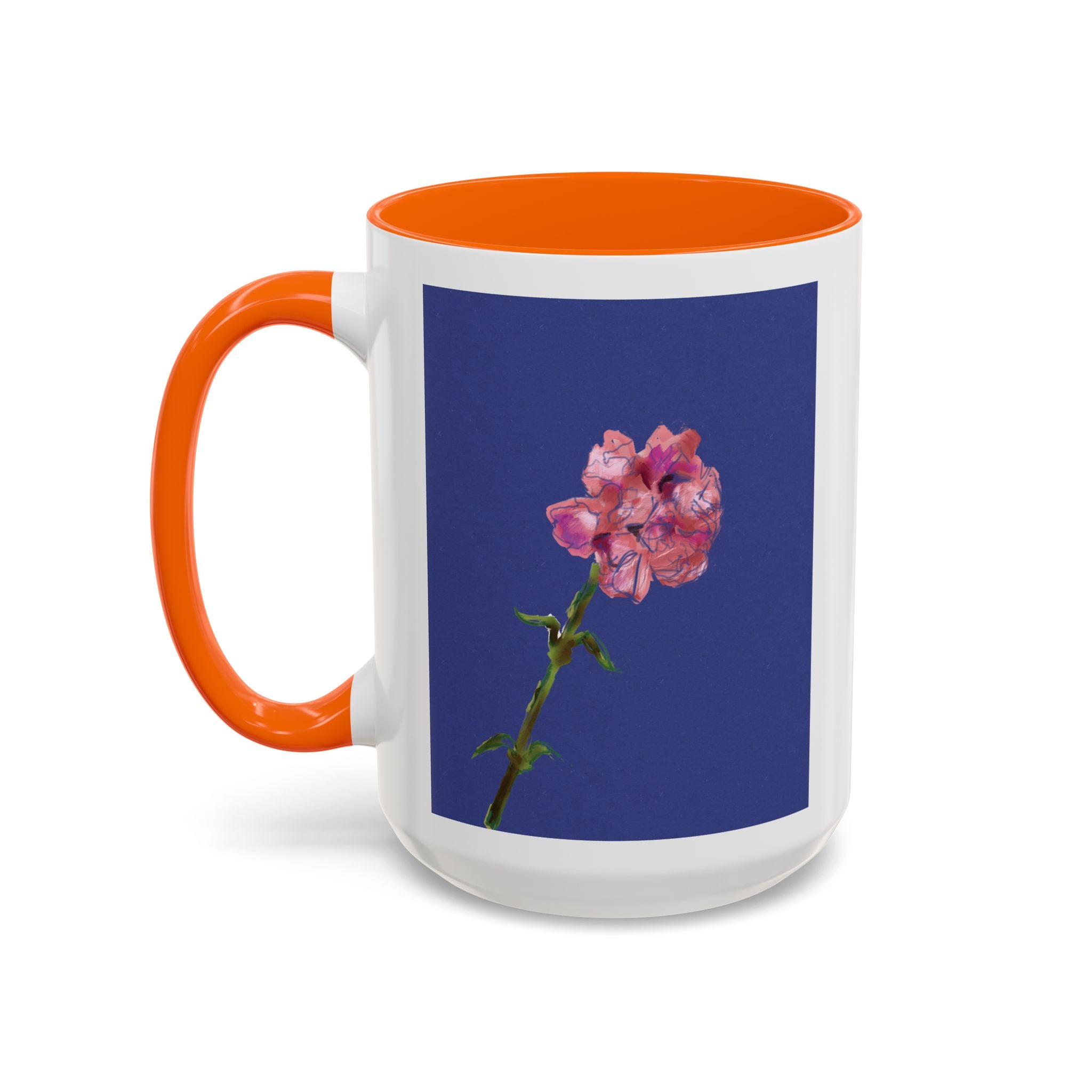 Carnation Floral Single Stem Accent Coffee Mug — Pink Carnation Blossom on Navy