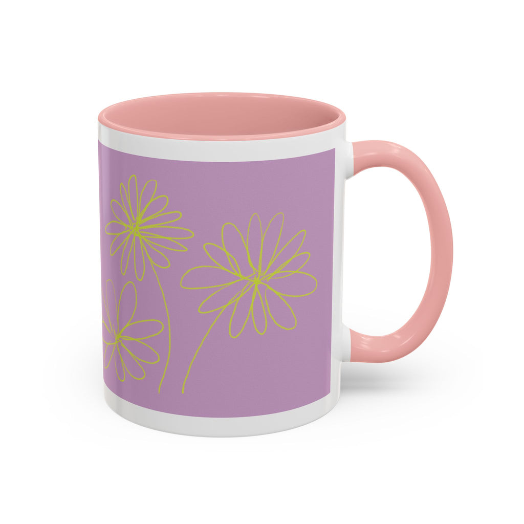 Purple Floral Accent Mug — Dainty Yellow Daisy Coffee Cup (11/15oz)